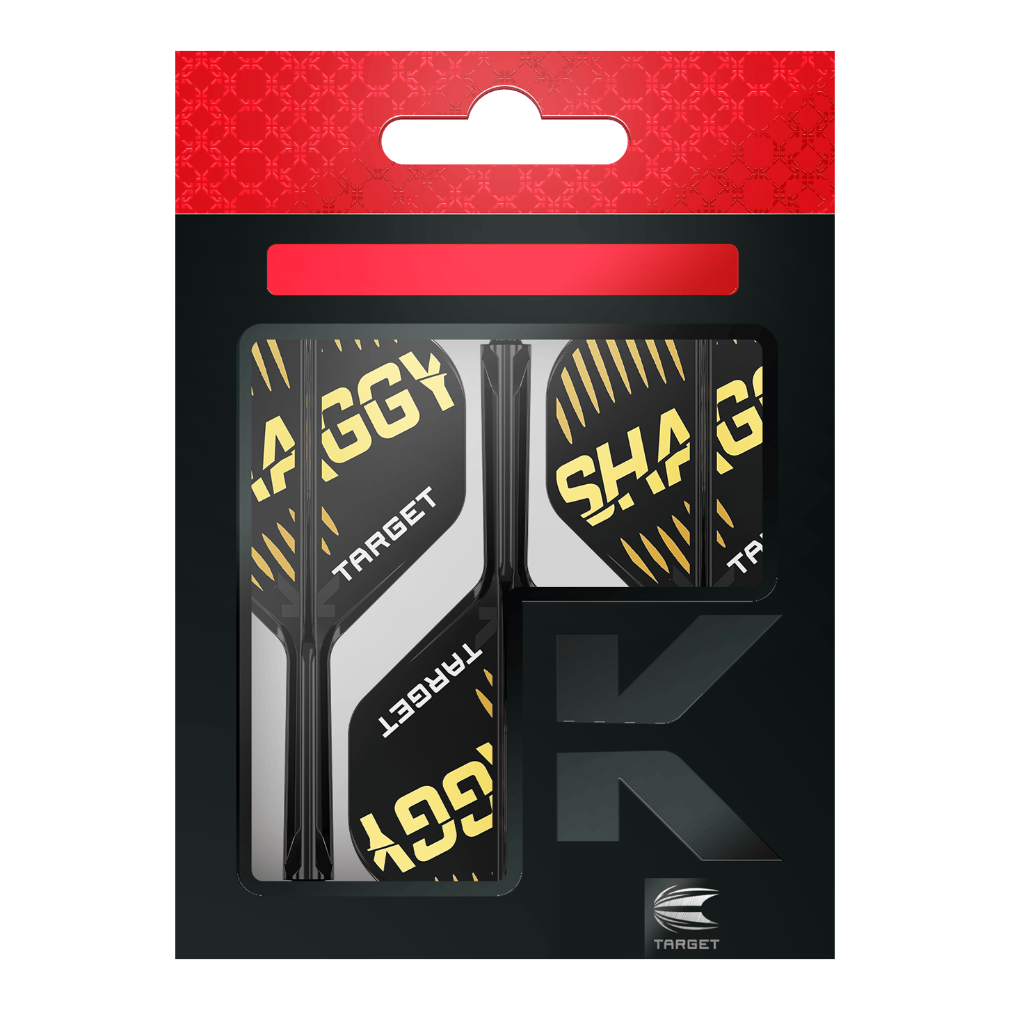 Target K-Flex Scott Williams No2 Standaard Vluchtas Systeem Auf dem Bild ist die Verpackung der "Target K-Flex Scott Williams No2 Standard Flights" zu sehen. Die Flights sind überwiegend schwarz mit gelben und weißen Akzenten und dem Schriftzug "SHAGGY" darauf.