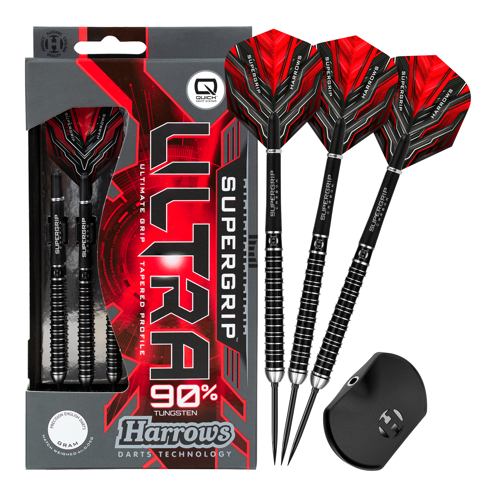 Harrows Supergrip Ultra Quick Point stalen dartpijlen Abgebildet sind Harrows Supergrip Ultra Quick Point Steeldarts. Das Set ist in voller Länge dargestellt.