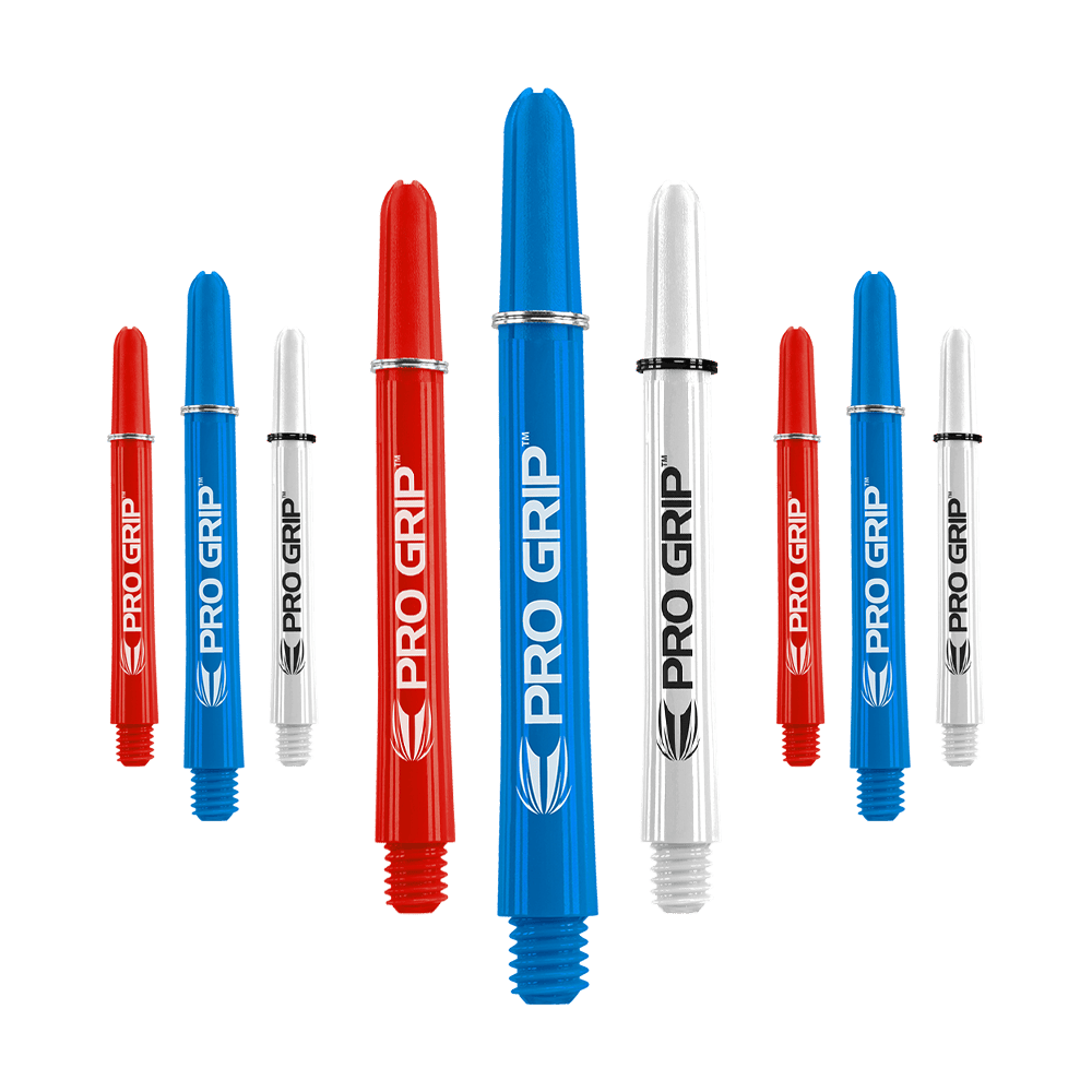 Target Pro Grip Shafts - 3 sets - Rood Blauw Wit Das Bild zeigt neun Dart-Shafts in den Farben Blau, Rot und Weiß. Auf jedem Shaft steht der Schriftzug "PRO GRIP" mit einem kleinen Logo darunter.
