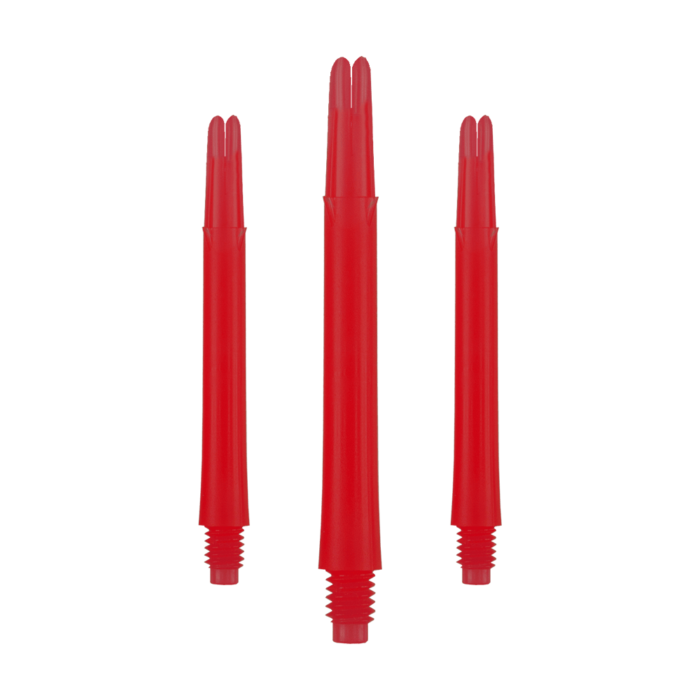 L-L-Style-Shafts Locked Straight - Rood Auf dem Bild sind drei rote, gerade Dartschäfte ohne Kappen zu sehen. Sie sind nebeneinander angeordnet, wobei der mittlere etwas länger erscheint als die beiden äußeren.