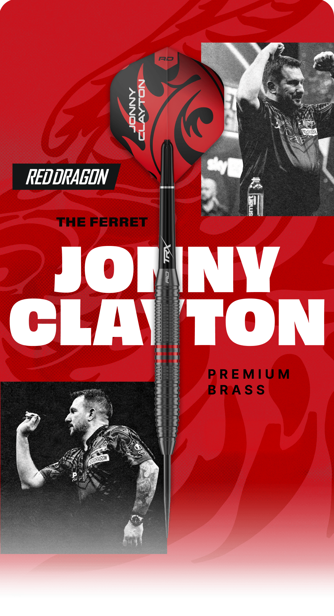 Das Bild zeigt ein Werbebanner mit der Aufschrift 'RedDragon ClaytonCoreBrass'. Auf dem Banner sind Pfeile und farbige Designelemente dargestellt.