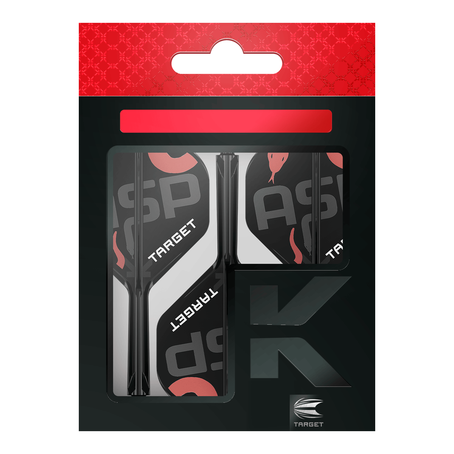 Target K-Flex Nathan Aspinall No2 Standaard Vluchtas Systeem Auf dem Bild ist eine Verpackung mit Dart-Flights und Schäften der Marke Target zu sehen. Die Verpackung ist überwiegend schwarz mit roten und weißen Akzenten gestaltet.