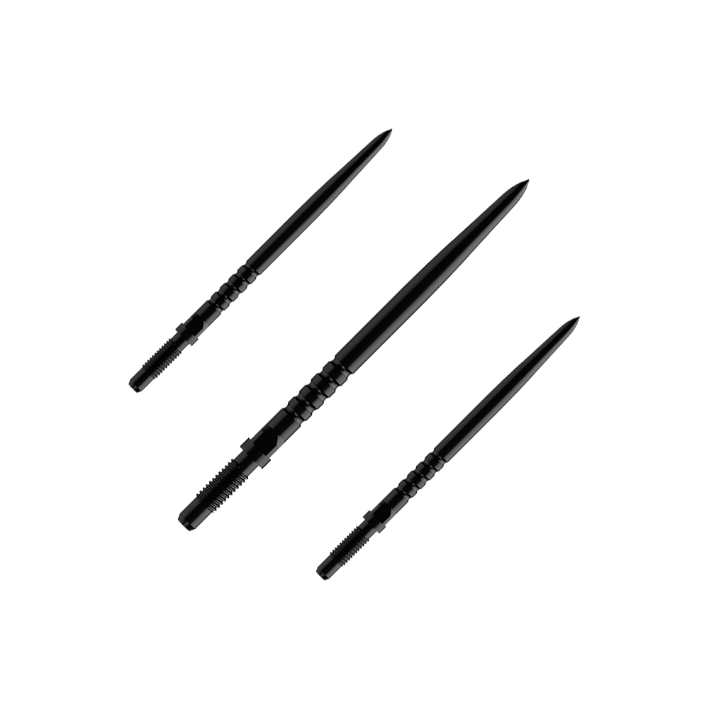 Bulls NL Convertible Point Dart Tips - Ringvormige Grip - Zwart Das Bild zeigt eine Verpackung mit mehreren Dartspitzen. Es sind BullsNL Convertible Points mit Ringed Grip in Schwarz, 32mm im 1er Set abgebildet.