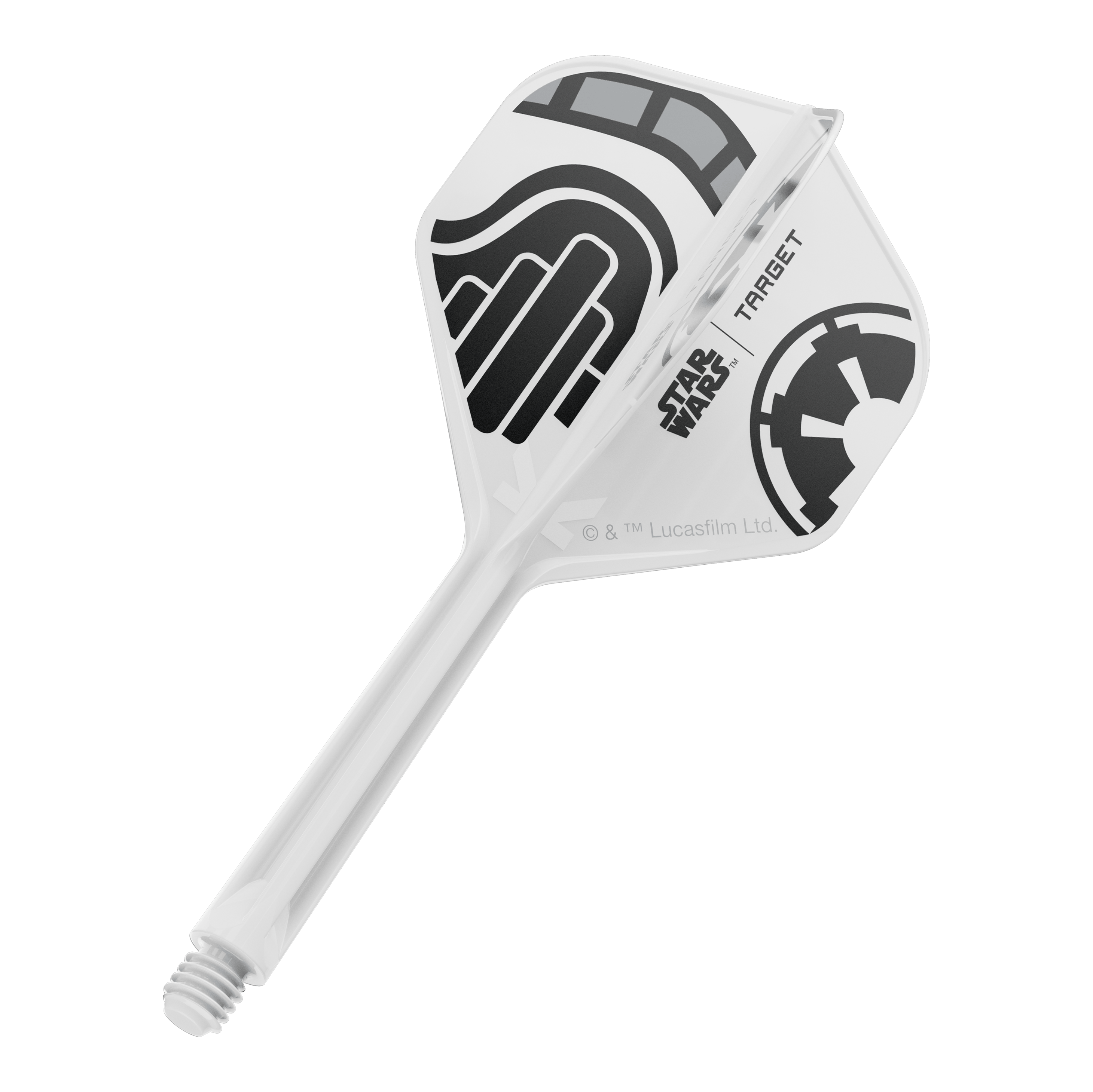 Target Star Wars K-Flex Stormtrooper No.2 Standaardvluchten Zu sehen ist ein Dart-Flight aus der Star Wars KFlex Stormtrooper No2 Standard Serie. Der Flight ist medium-lang und misst 33 mm.