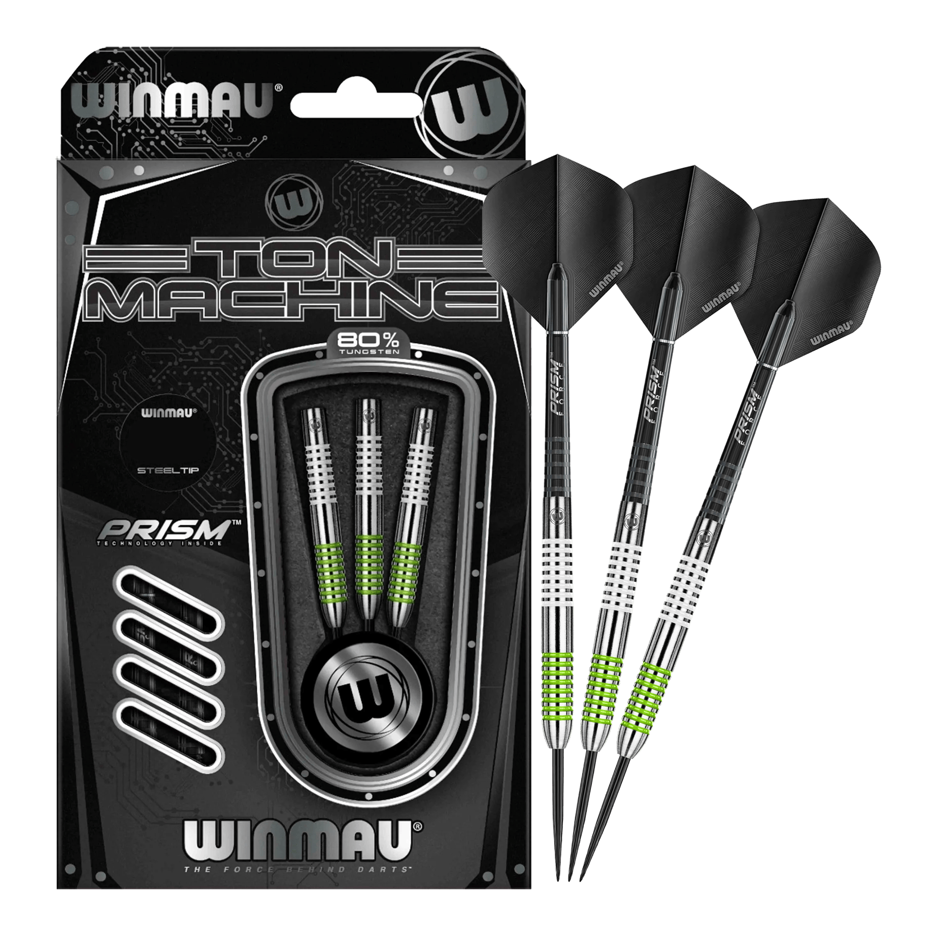 Winmau Ton Machine stalen dartpijlen Das Bild zeigt das Set der Winmau Ton Machine Steeldarts in voller Ansicht. Diese Steeldarts sind ideal für Dartliebhaber.