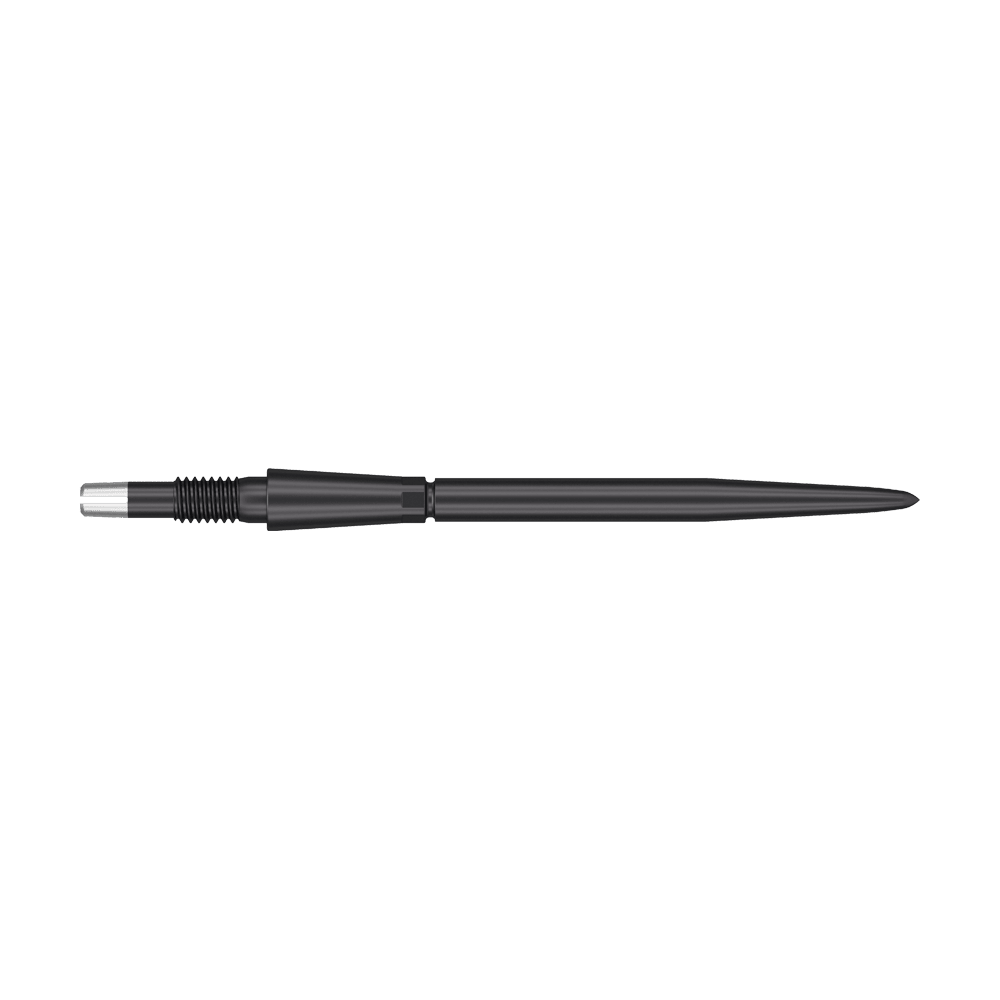 Target Swiss Storm Point Dartpunten - Zwart Das Bild zeigt eine schwarze Dartspitze mit einem geriffelten Griffbereich. Die Spitze ist lang und schmal, ideal für den Einsatz bei Dartpfeilen.