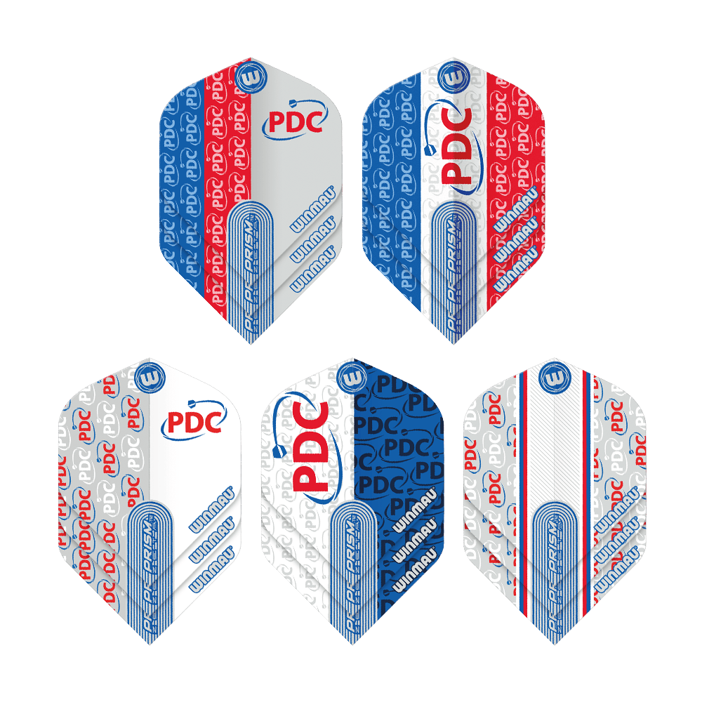 Winmau PDC Prism Flight-collectie Das Bild zeigt die "Winmau PDC Prism Flight Collection" mit fünf unterschiedlichen Dart-Flights. Die Flights sind in den Farben Blau, Rot und Weiß gehalten und mit den Logos "PDC" und "Winmau" bedruckt.