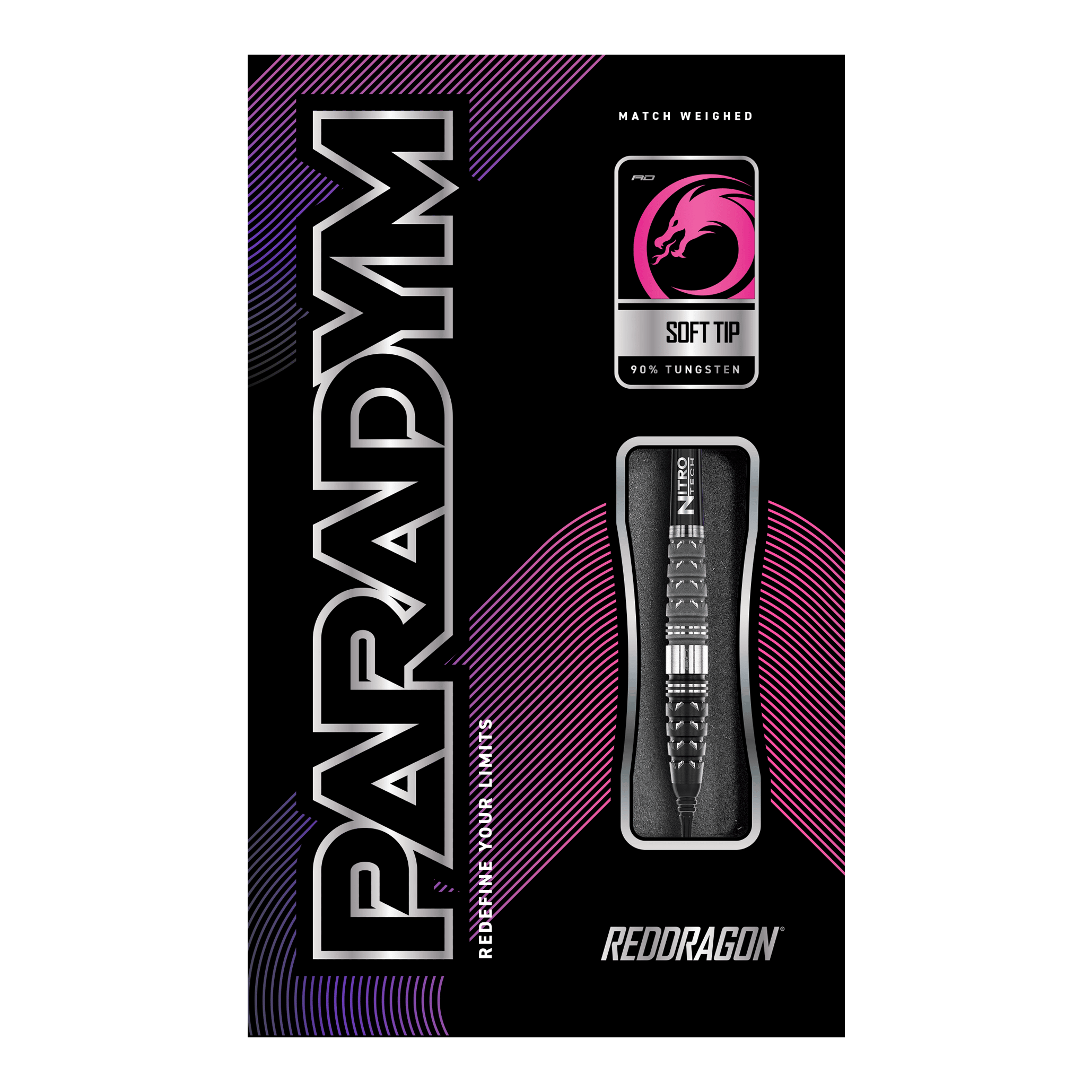 Das Bild zeigt die Verpackung der Red Dragon Paradym Torpedo Softdarts mit einem Gewicht von 20g. Auf der Verpackung sind ein Dartpfeil, das Red Dragon Logo und moderne Designelemente in Schwarz, Pink und Lila zu sehen.