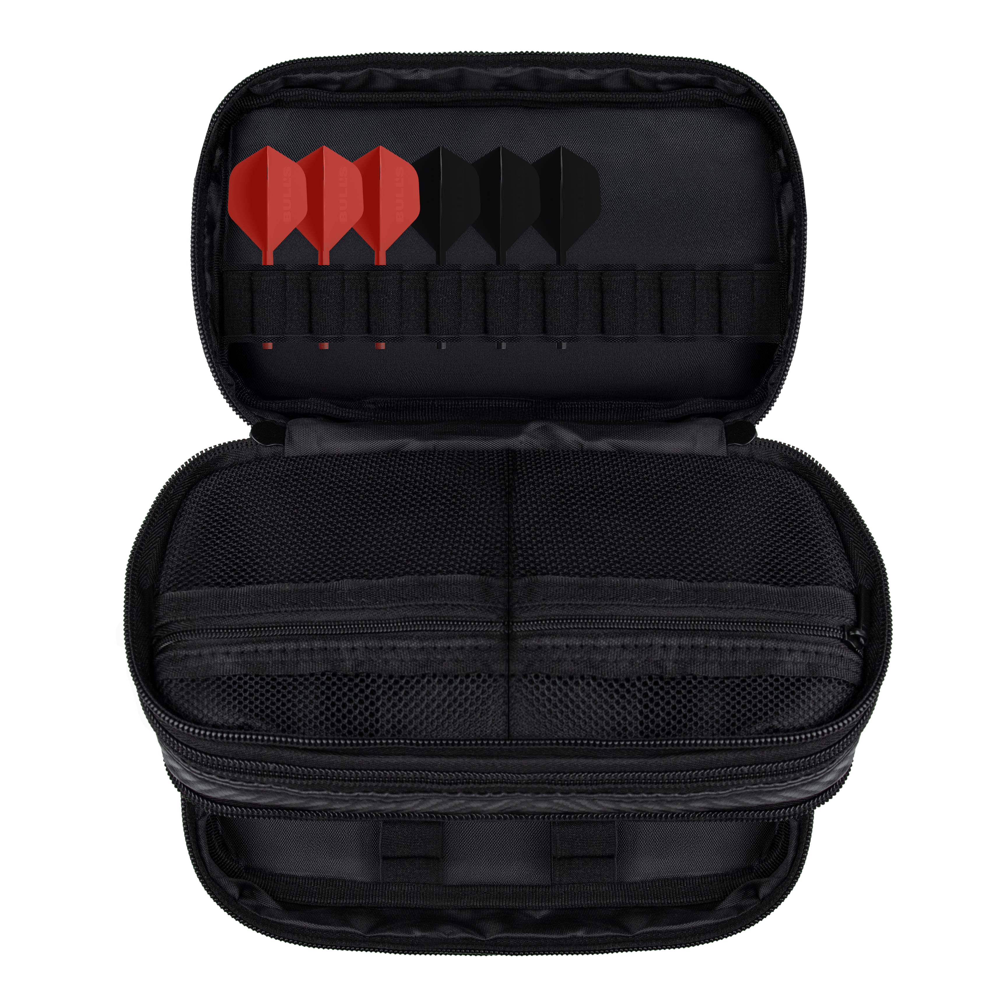 Das Bild zeigt das Bulls NL Carbon Wallet. Dieses Produkt ist eine praktische Aufbewahrung für Darts und Zubehör.