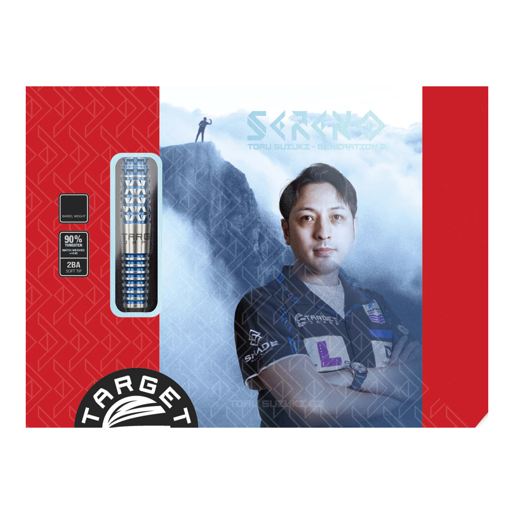 Target Japan Toru Suzuki Sereno GEN2 Soft Darts - 20g Die Verpackung zeigt das Produkt "Target Japan Toru Suzuki Sereno GEN2 Softdarts - 20g". Auf der Vorderseite ist ein Bild von Toru Suzuki sowie die Darts und Produktinformationen abgebildet.