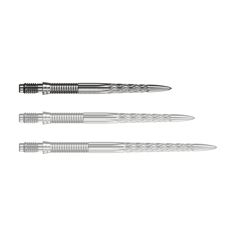 Mission R2.5 Rapid Point DSX dartpunten - zilver Abgebildet ist eine einzelne Mission R25 Rapid Point DSX Dartspitze in Silber mit 30mm Länge. Sie wird häufig für Präzision und Haltbarkeit beim Dartspielen verwendet.
