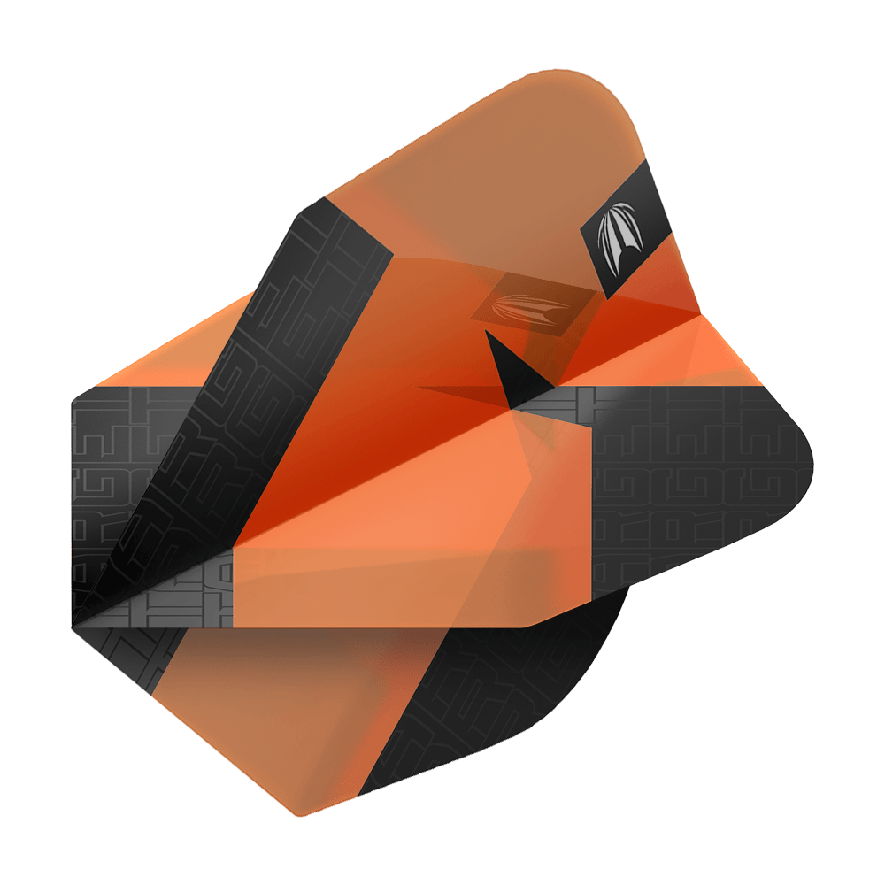 Target Pro Ultra TAG Orange No6 Standaardvluchten - 3 sets Das Bild zeigt ein orangefarbenes Dart-Flights-Set mit schwarzem Muster. Es handelt sich um das Produkt "Target Pro Ultra TAG Orange No6 Standard Flights - 3 Sets".