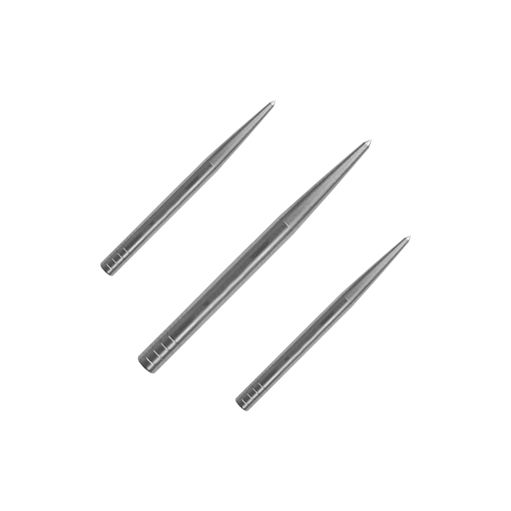 Condor Beak Point Zonder Cut darttips Auf dem Bild sind drei silberne Dartspitzen zu sehen. Sie sind spitz zulaufend und aus Metall gefertigt.