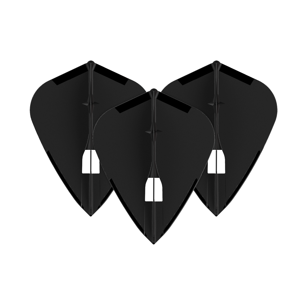 L-Style Champagne L4PRO Kite Flights Das Bild zeigt drei schwarze Dartflights in einer speziellen Kite-Form. Sie sind nebeneinander angeordnet und haben eine glatte, einfarbige Oberfläche.