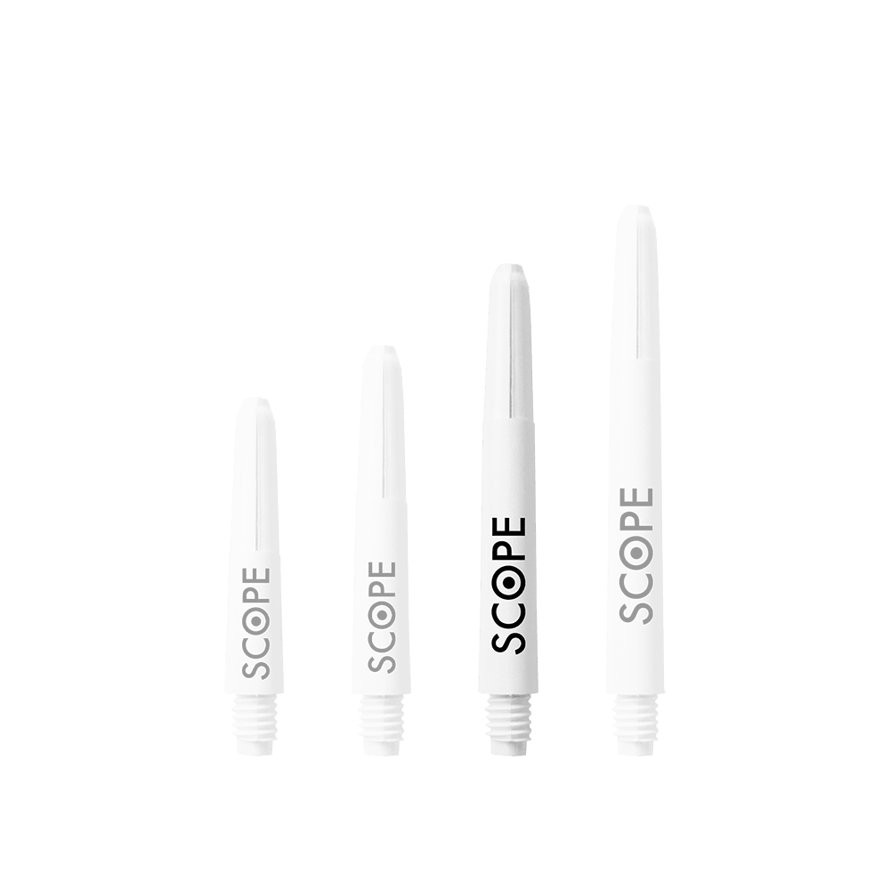 526_McDart_Scope_Nylon_Shafts_Weiss_41mm_1 Das Bild zeigt vier weiße McDart Scope Nylon Shafts in unterschiedlichen Längen. Auf jedem Shaft steht das Wort "SCOPE" in schwarzer Schrift.