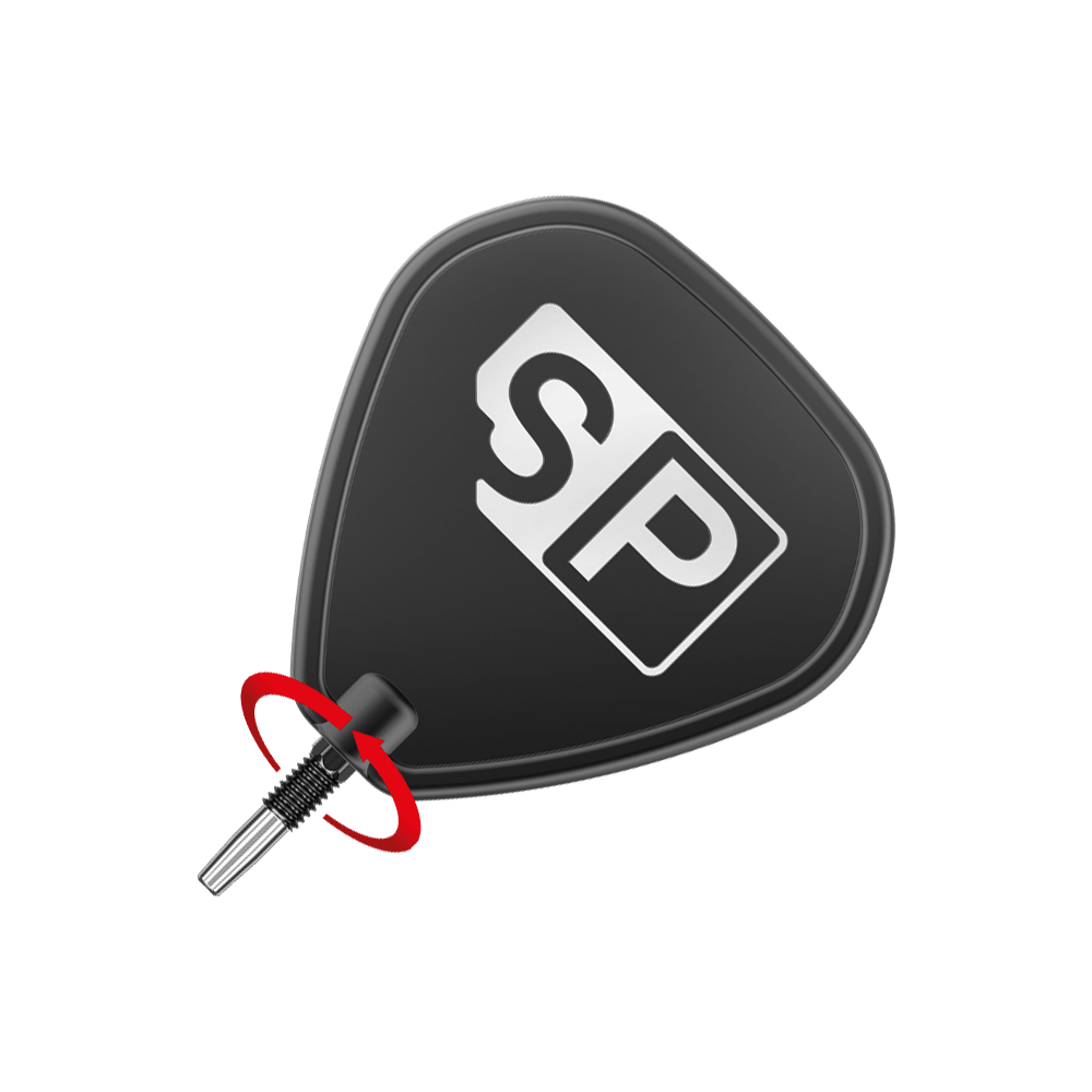 Target Swiss Point Chrono Dartpunten - Zwart Das Bild zeigt eine schwarze Dartspitze mit dem weißen Logo "SP" darauf. Eine rote Pfeilmarkierung deutet eine Drehbewegung zum Anbringen oder Entfernen der Spitze an.