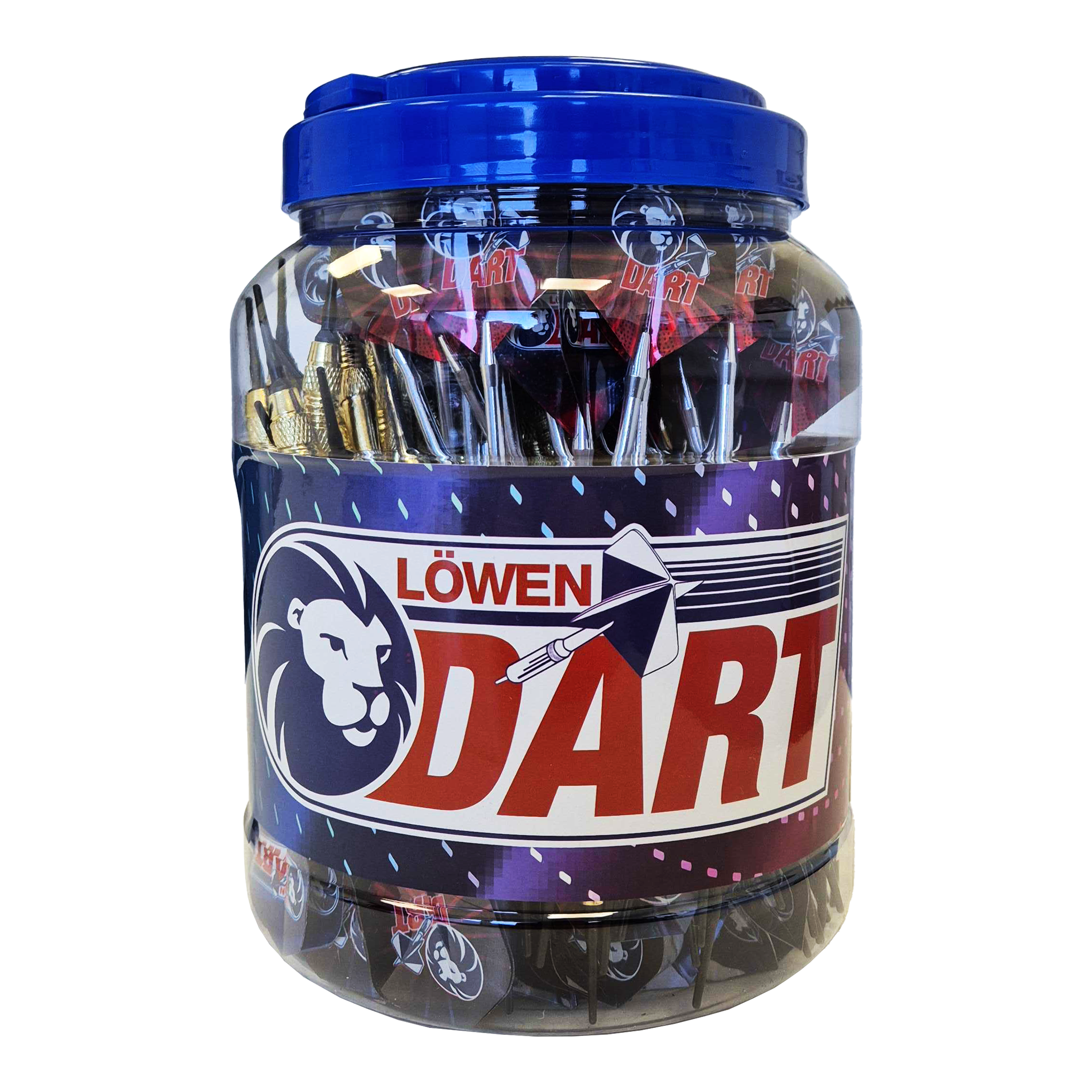 99 Löwen softtip-pijltjes - 18 g Das Bild zeigt ein großes Plastikgefäß mit einem blauen Deckel, das mit vielen Soft-Tip-Darts gefüllt ist. Auf dem Behälter steht die Aufschrift "Löwen Dart" und das Produkt heißt "99 Löwen Soft-Tip Darts - 18g".
