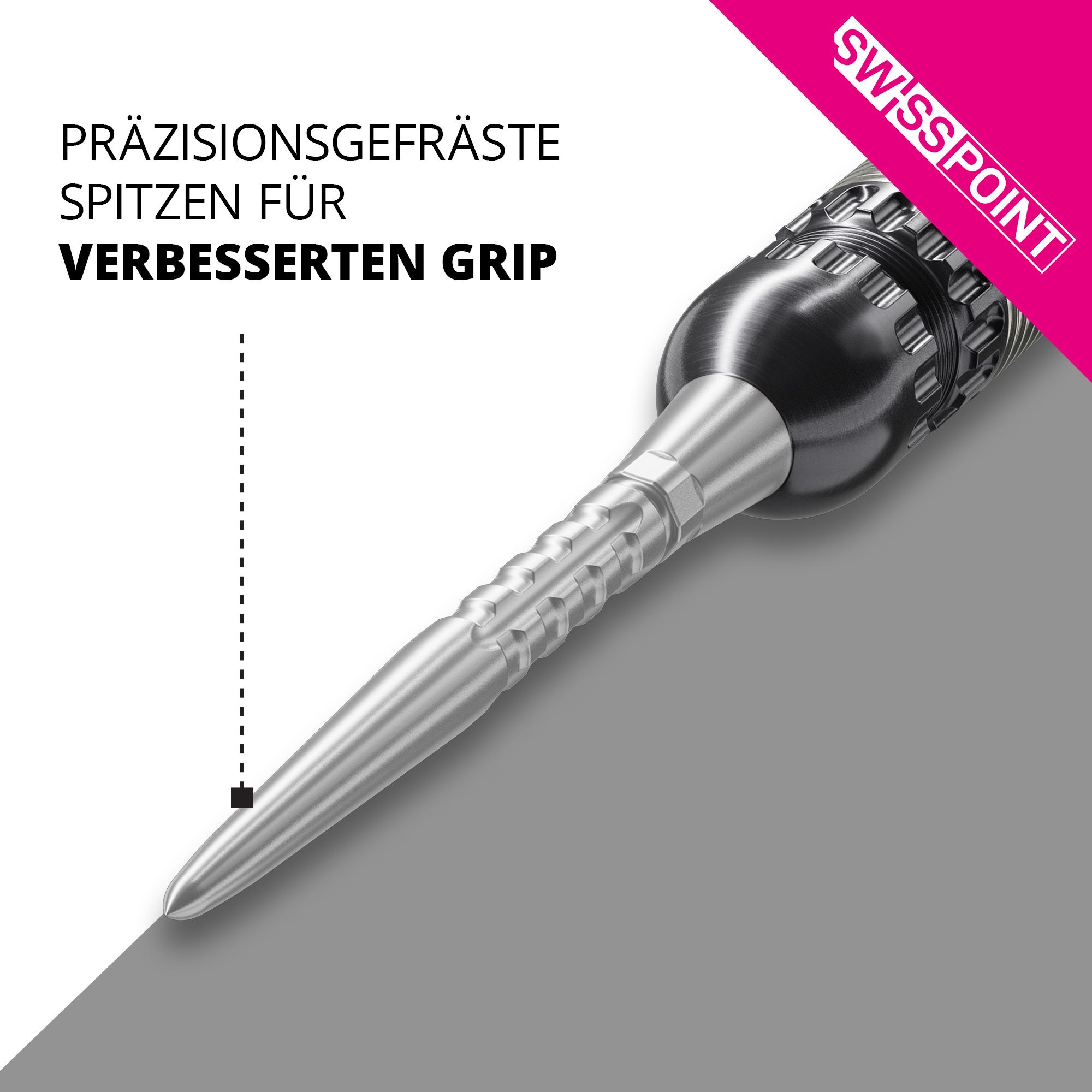 Das Bild zeigt eine präzisionsgefräste Dartspitze in silberner Farbe. Oben steht der Text: "PRÄZISIONSGEFRÄSTE SPITZEN FÜR VERBESSERTEN GRIP".