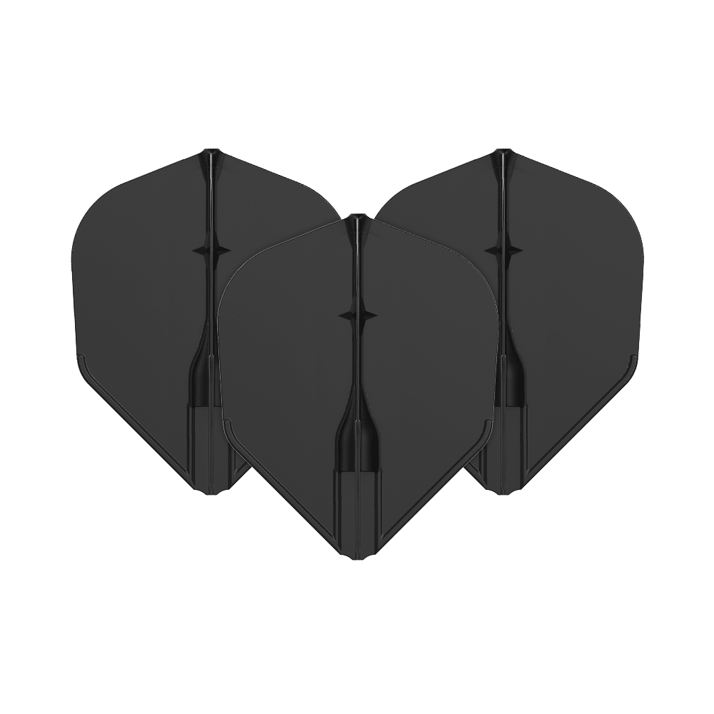 L-L-Style3EZ-vluchten Auf dem Bild sind drei schwarze Dartflights zu sehen. Sie sind in einer Reihe angeordnet und haben eine klassische Form.