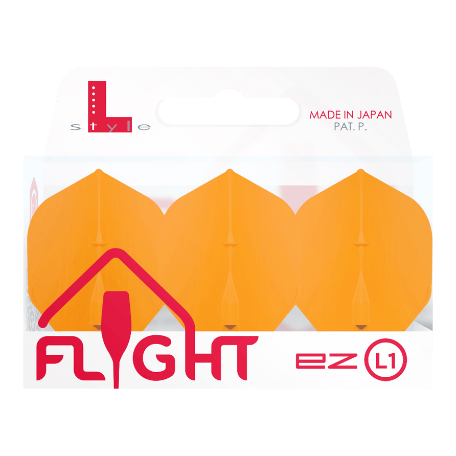 L-Style Champagne L1EZ Standaard Vluchten Das Bild zeigt eine Packung „L-Style Champagne L1EZ Standard Flights“ in Orange. Die Verpackung ist durchsichtig und trägt die Aufschrift „Flight ez L1“.