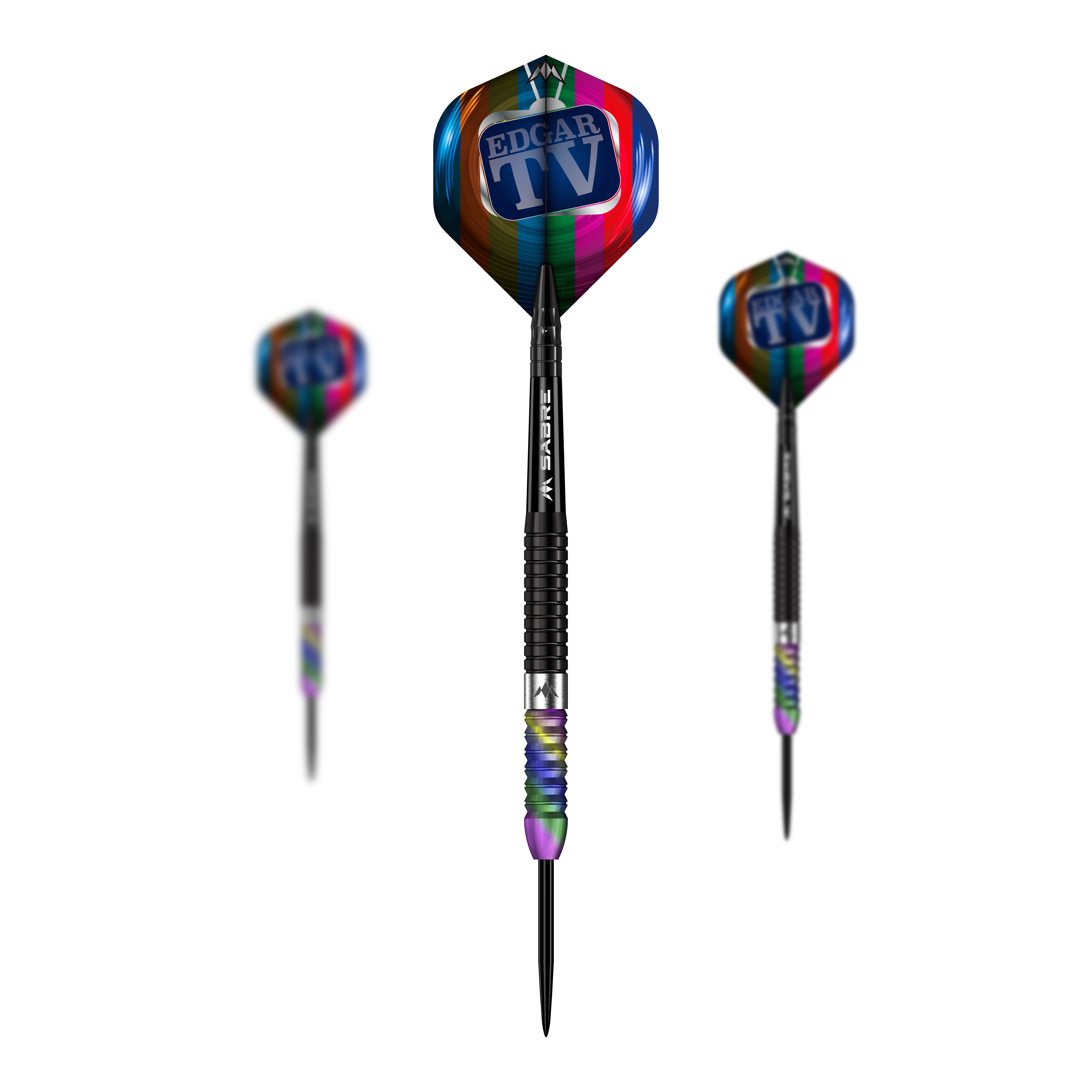 Missie Matt Edgar Steeldarts Das Bild zeigt drei Steeldarts des Produkts „Mission Matt Edgar Steeldarts“. Die Flights der Darts sind bunt und tragen den Aufdruck „Edgar TV“.