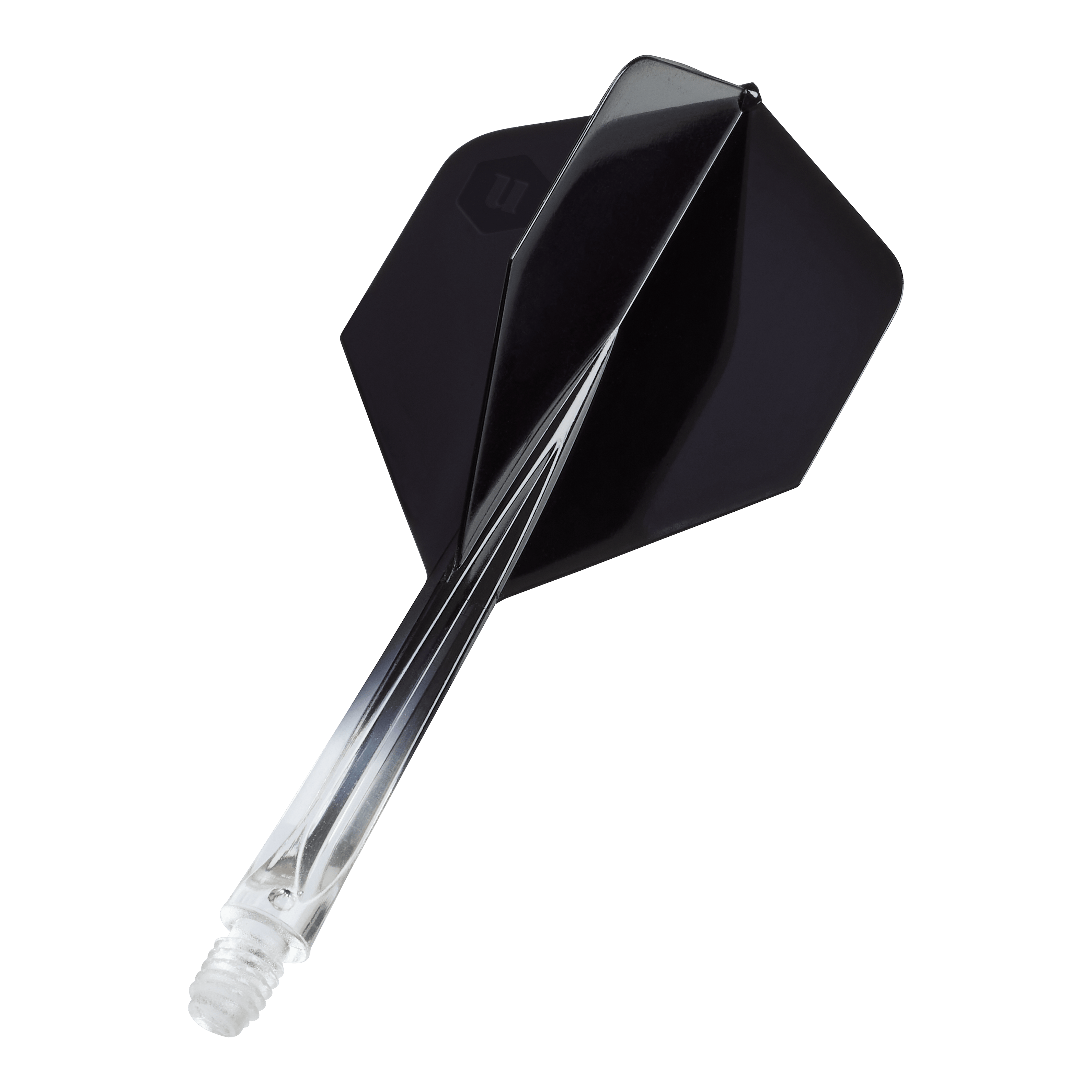 Das Bild zeigt die Unicorn Forge Two Tone No2 Standard Flights in Schwarz. Es handelt sich um Flights für Dartpfeile mit klarem und schwarzem Design.