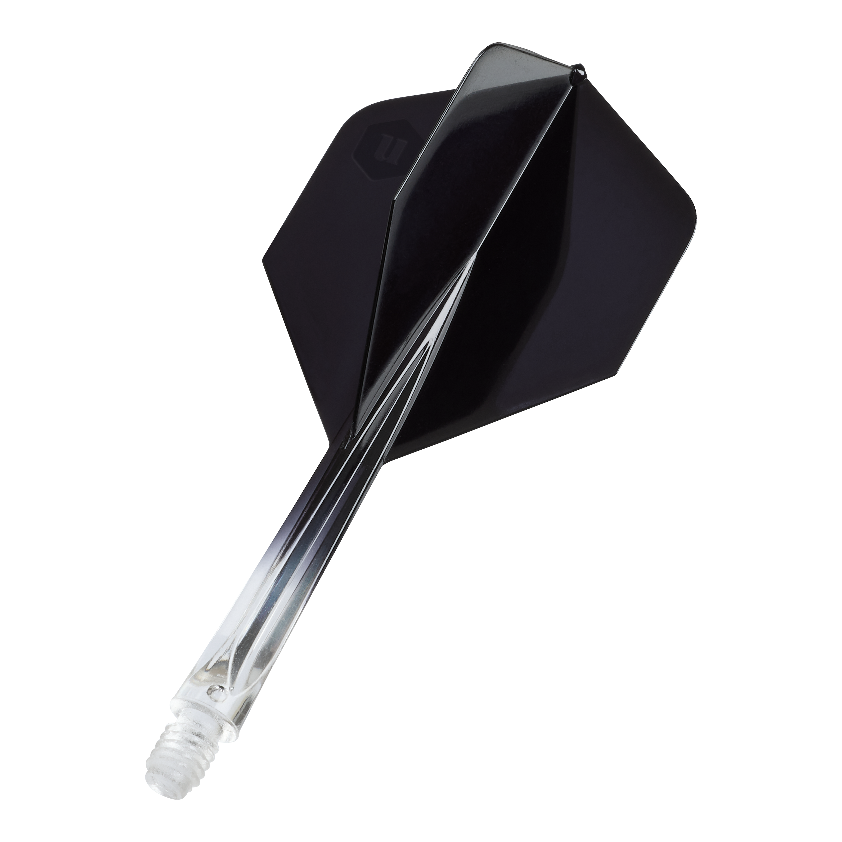 Unicorn Forge Two Tone No2 standaard flights - transparant zwart Das Bild zeigt die Unicorn Forge Two Tone No2 Standard Flights in Schwarz. Es handelt sich um Flights für Dartpfeile mit klarem und schwarzem Design.