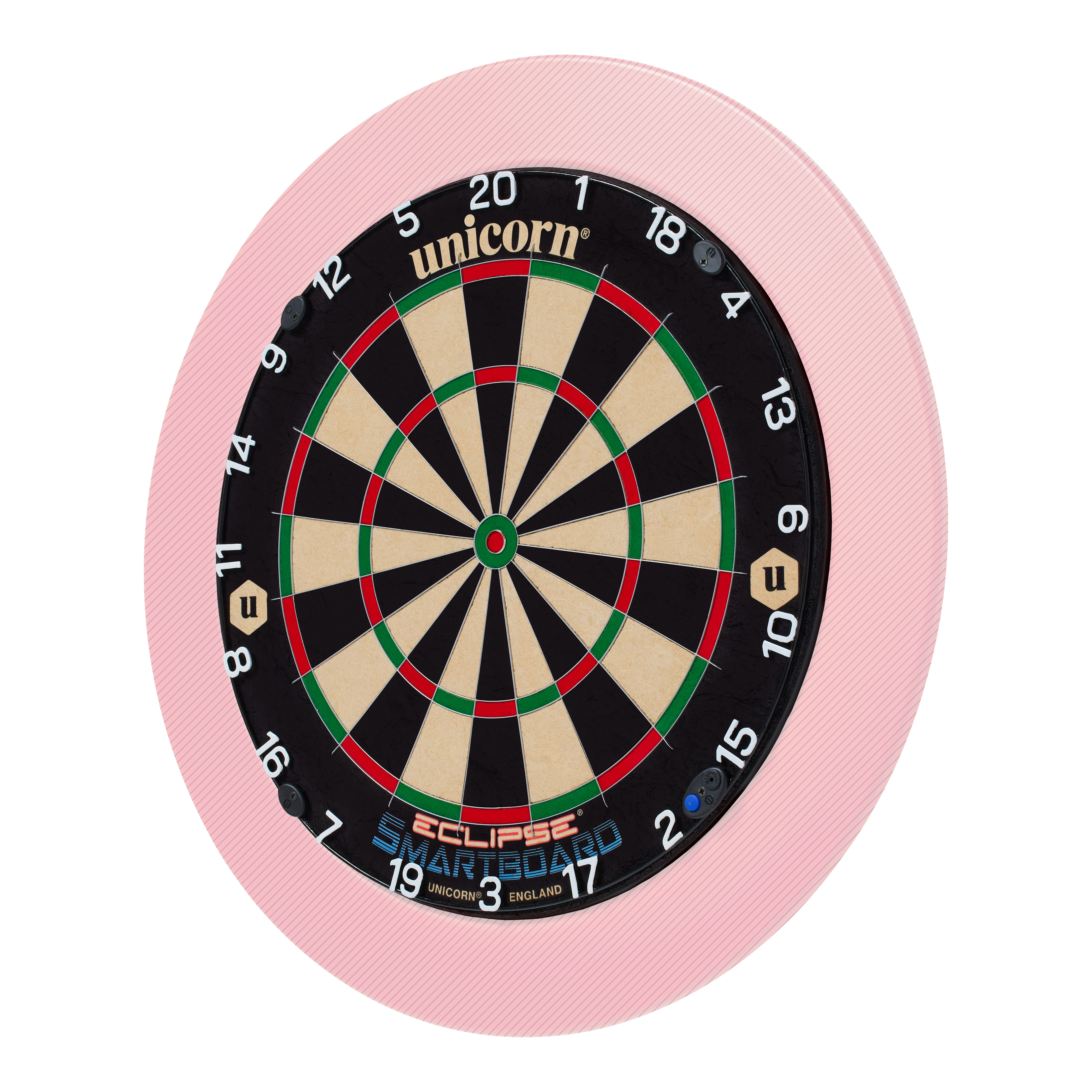 Unicorn Eclipse Smartboard stalen dartbord Das Bild zeigt eine Unicorn Eclipse Smartboard Steeldartscheibe mit einem pinken Schutzring. Die Dartscheibe hat klare Zahlen und farbige Segmente für das Dartspiel.