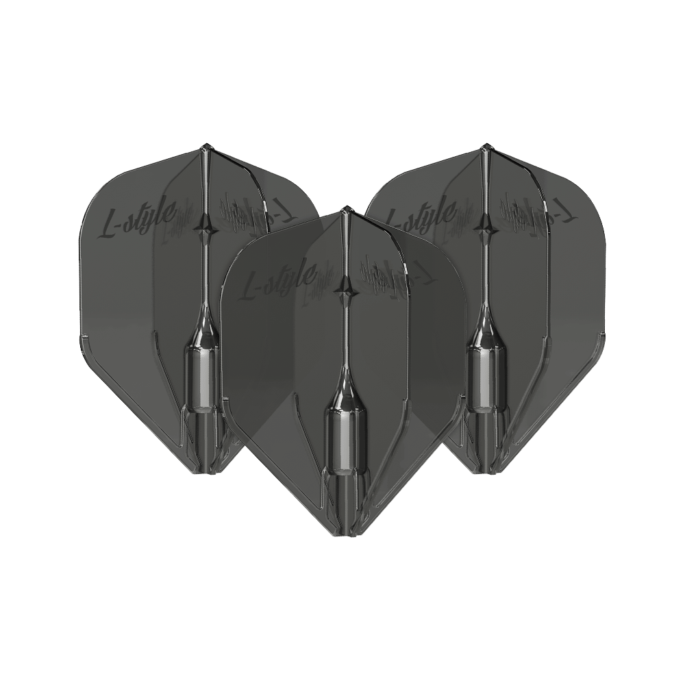 L-Style Fantom L3EZ Flights Transparant Zwart Das Bild zeigt drei schwarze, transparente Dart-Flights des Modells "L-Style Fantom L3EZ". Auf den Flights ist der Schriftzug "L-style" zu sehen.