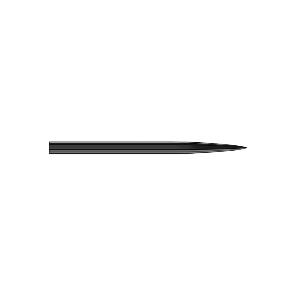 Harrows stalen dartpunten - zwart Das Bild zeigt eine schwarze Steeldartspitze. Sie ist schlank, gerade und hat eine spitze Spitze.