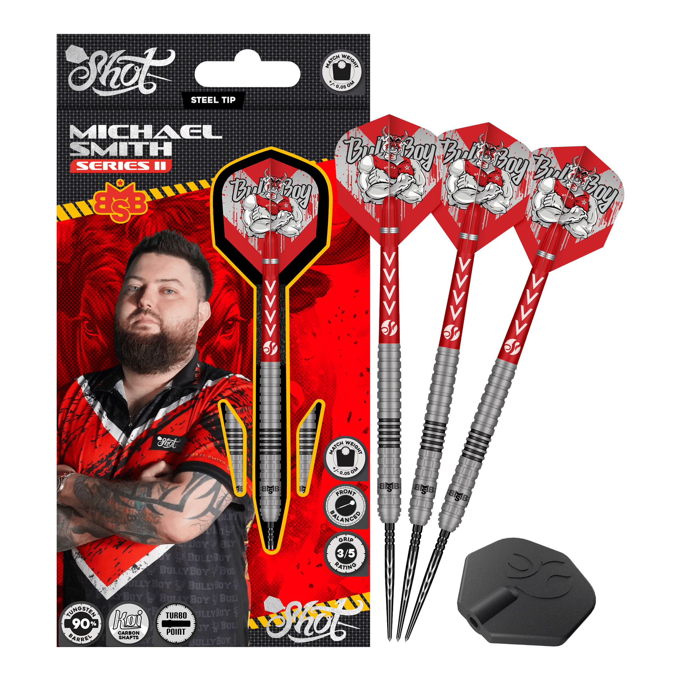 Shot met Michael Smith Series 2 Turbo Point stalen dartpijlen Das Bild zeigt die Shot Michael Smith Series 2 Turbo Point Steeldarts. Es sind hochwertige Steeldarts, die für den professionellen Gebrauch geeignet sind.