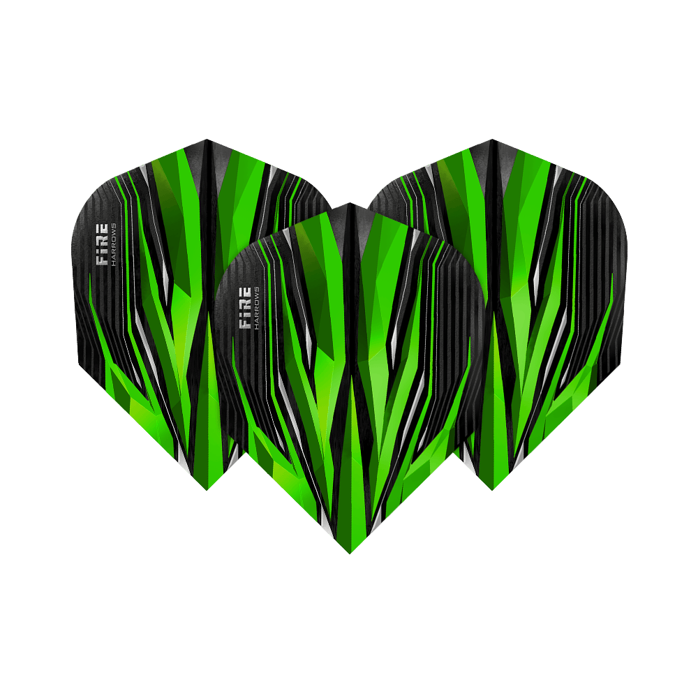 HR2_Harrows_Fire_Green_Standard_Flights_1POTEMUaVMK1Ue Das Bild zeigt drei Dart-Flights des Modells "Harrows Fire Green Standard". Sie haben ein auffälliges, grünes und schwarzes Muster mit weißen Akzenten.