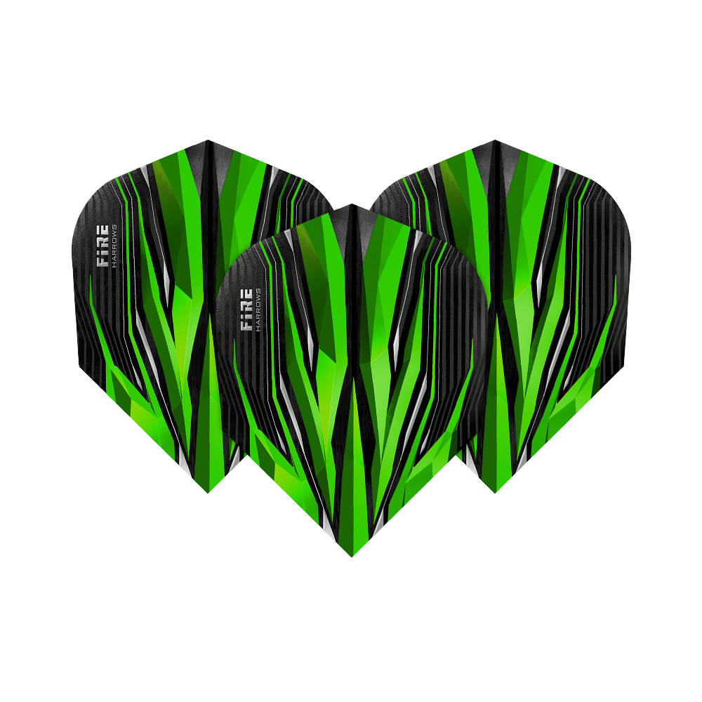 HR2_Harrows_Fire_Green_Standard_Flights_1POTEMUaVMK1Ue Harrows Fire Green Standard Flights mit markanter Gestaltung. Die Flights sind nebeneinander platziert.