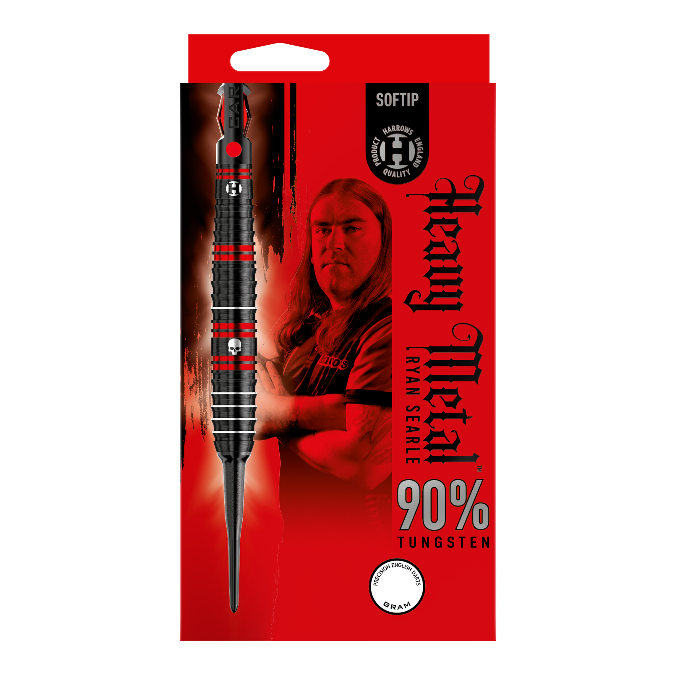Ryan Searle van Harrow Heavy Metal Soft Darts Die Verpackung zeigt die Harrows Ryan Searle Heavy Metal Softdarts mit einem Bild von Ryan Searle. Das Design hebt 90% Tungsten und ein auffälliges rot-schwarzes Farbschema hervor.