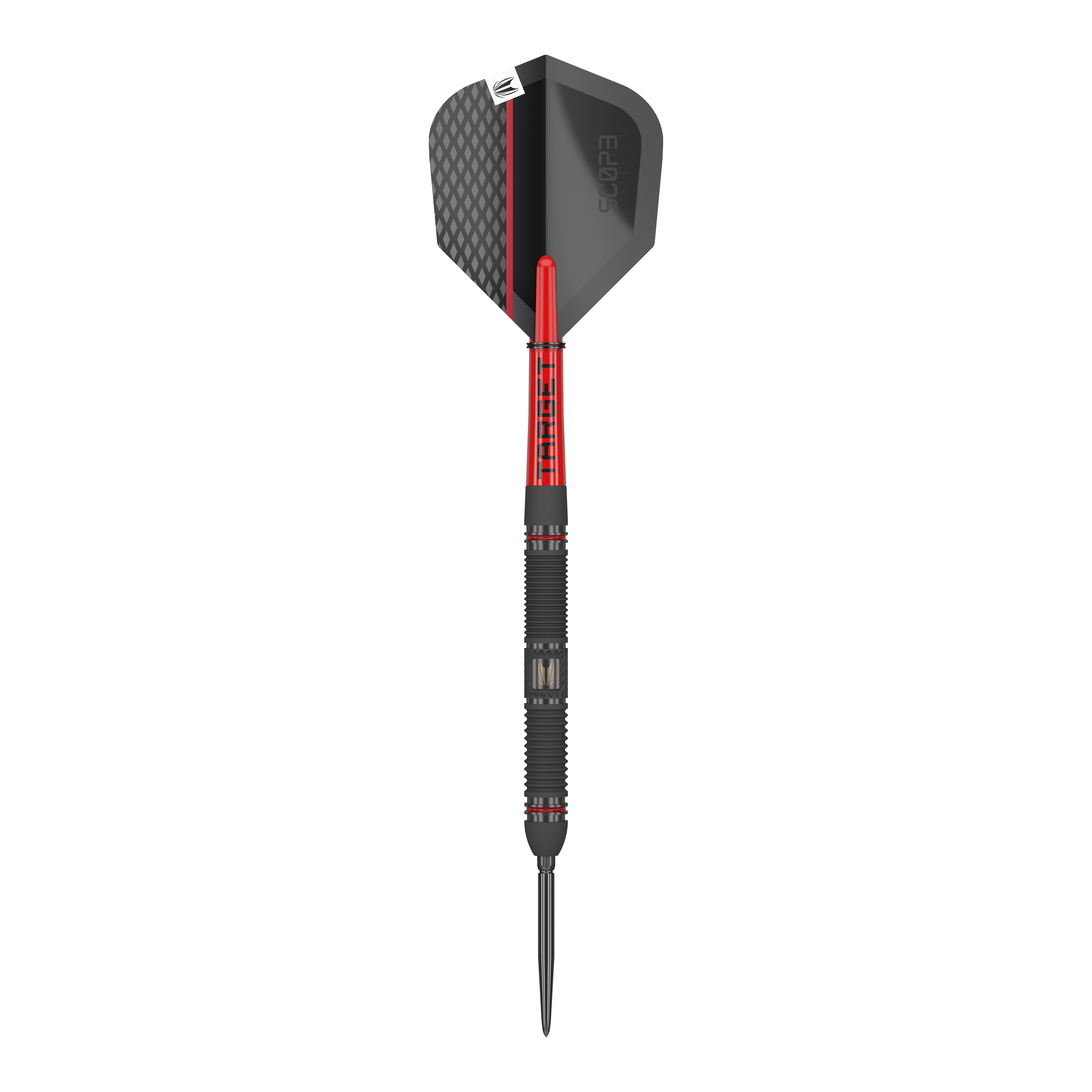 Target Scope 01 Swiss Point stalen darts Auf dem Bild ist ein Target Scope 01 Swiss Point Steeldart zu sehen. Der Dart hat ein modernes Design in Schwarz und Rot mit einer strukturierten Oberfläche.