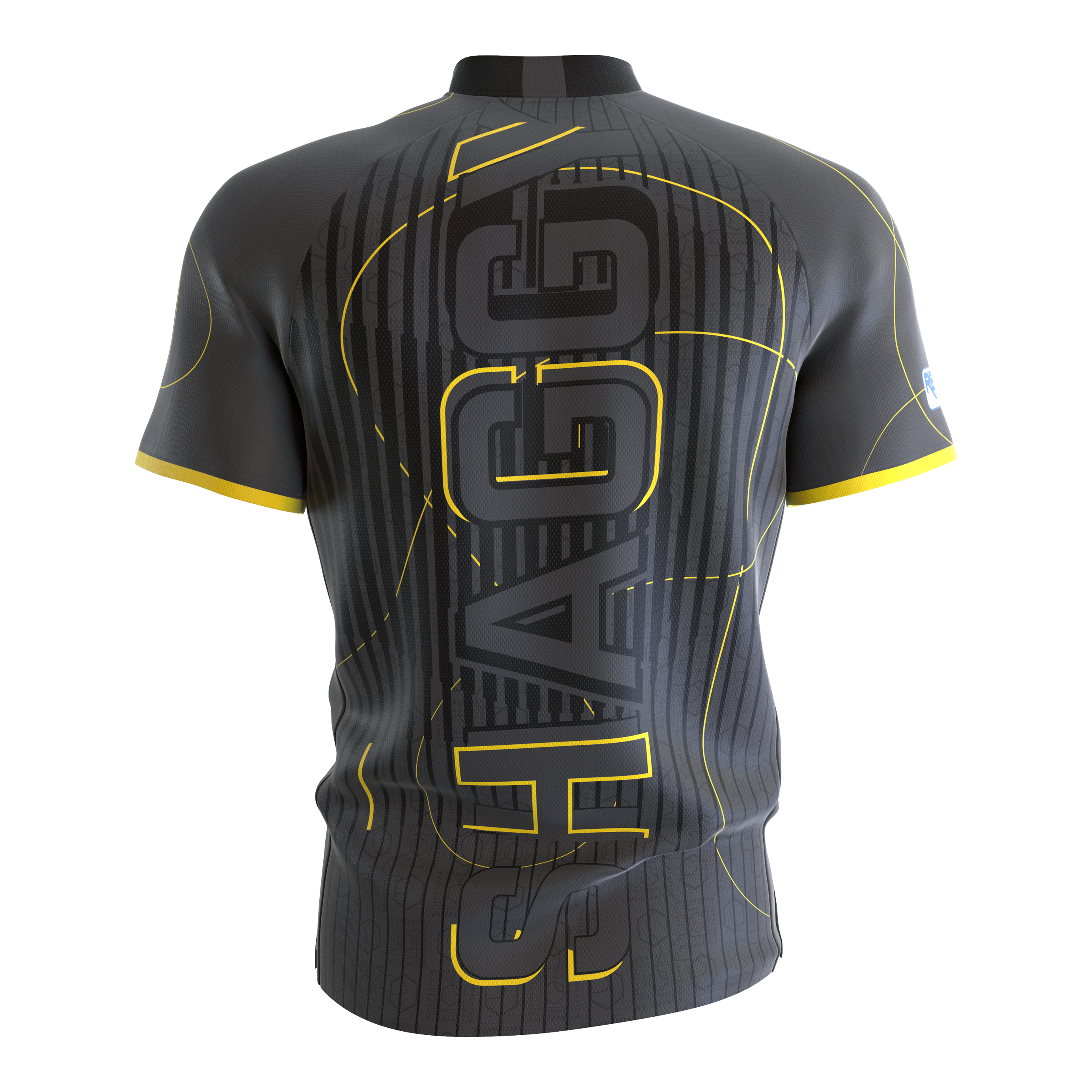 Target Coolplay kraagloos Scott Williams dartshirt Das Bild zeigt das Target Coolplay Collarless Scott Williams Dartshirt von hinten. Das Shirt ist grau mit gelben Akzenten und dem großen Schriftzug "SHAGGY" auf dem Rücken.
