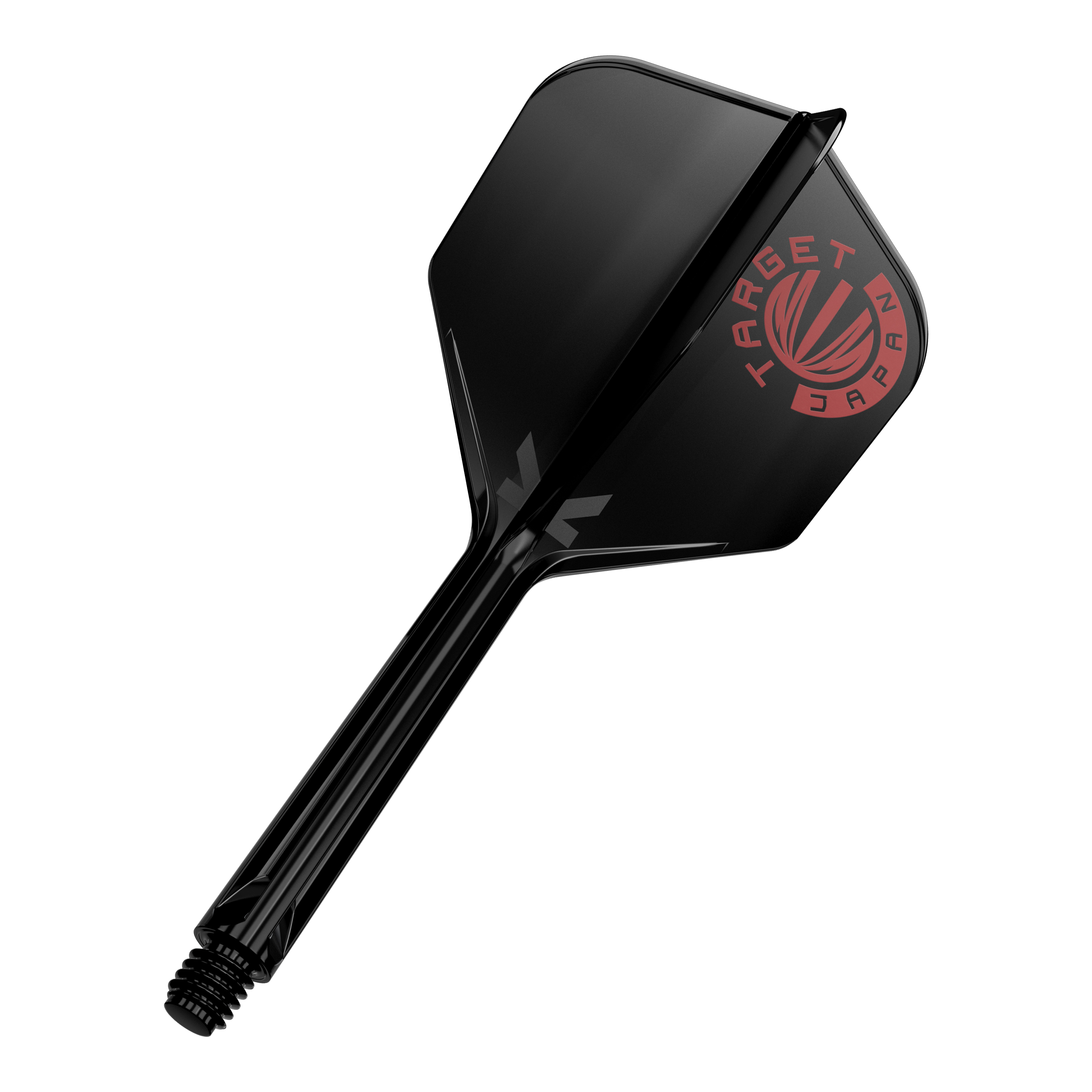 Target Japan K-Flex origineel logo rood zwart No6 vliegassysteem Das Bild zeigt einen schwarzen Dartshaft mit einer schwarzen Dartflügelfeder. Auf der Feder ist ein rotes Logo mit der Aufschrift "TARGET JAPAN" zu sehen.