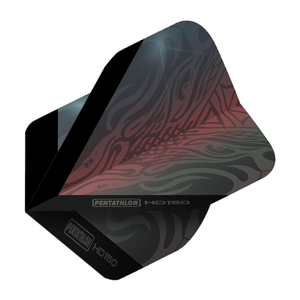 Pentatlon HD150 Metallic Gray Standaardvluchten Das Bild zeigt das Produkt "Pentathlon HD150 Metallic Grau Standard Flights". Das Flight hat ein modernes, grau-metallisches Design mit stilvollen Mustern.