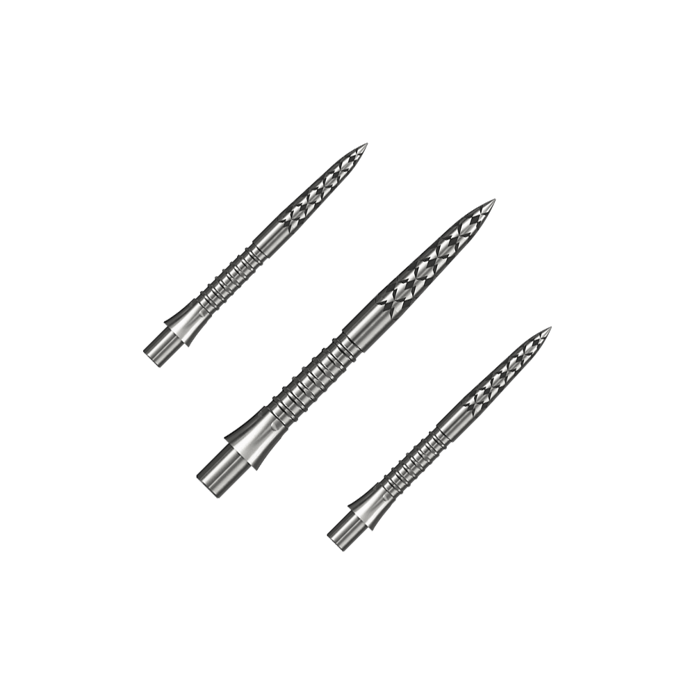 Mission Caliburn EVO dartpunten met GV-logo - zilver Hier ist ein Set silberner Steeldartspitzen mit 26 mm Länge zu sehen. Die Aufnahme basiert auf der Datei M002127_Missoin_Caliburn_EVO_GV-Logo_Steeldartspitzen_Silber_26mm_1Set.