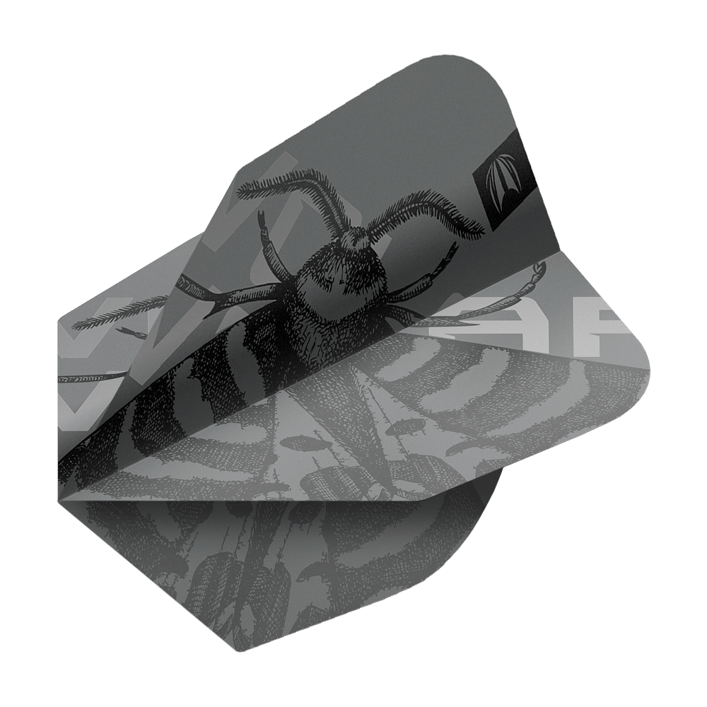 Target Pro Ultra Volar No6-vluchten - 3 sets Das Bild zeigt ein Dartflight mit einem schwarz-grauen Design und einer Abbildung eines Insekts. Es handelt sich um das Produkt "Target Pro Ultra Volar No6 Flights - 3 Sets".