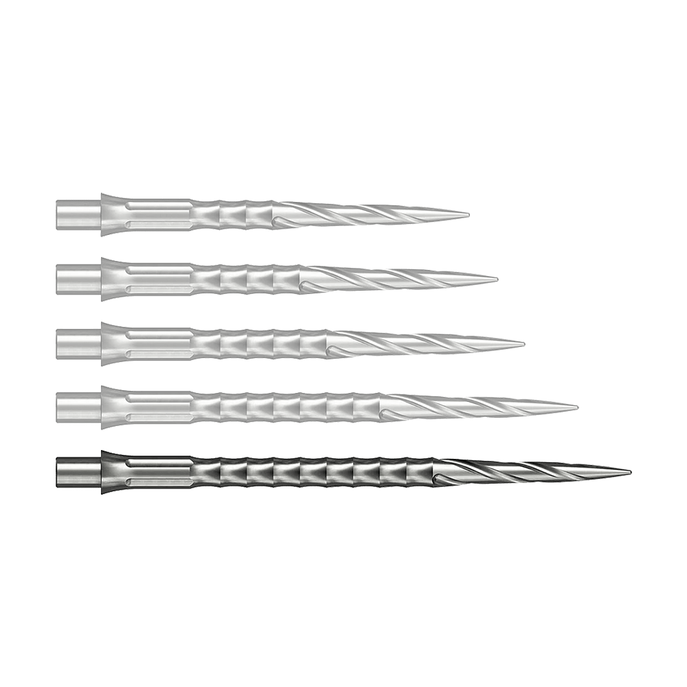 Caliburn System stalen dartpunten - Spiro - NoLip - zilver Die Abbildung stellt eine einzelne silberne Steeldartspitze aus dem Caliburn Evo System dar. Diese Spitze hat das Spiro NoLip Design und eine Länge von 40 mm.