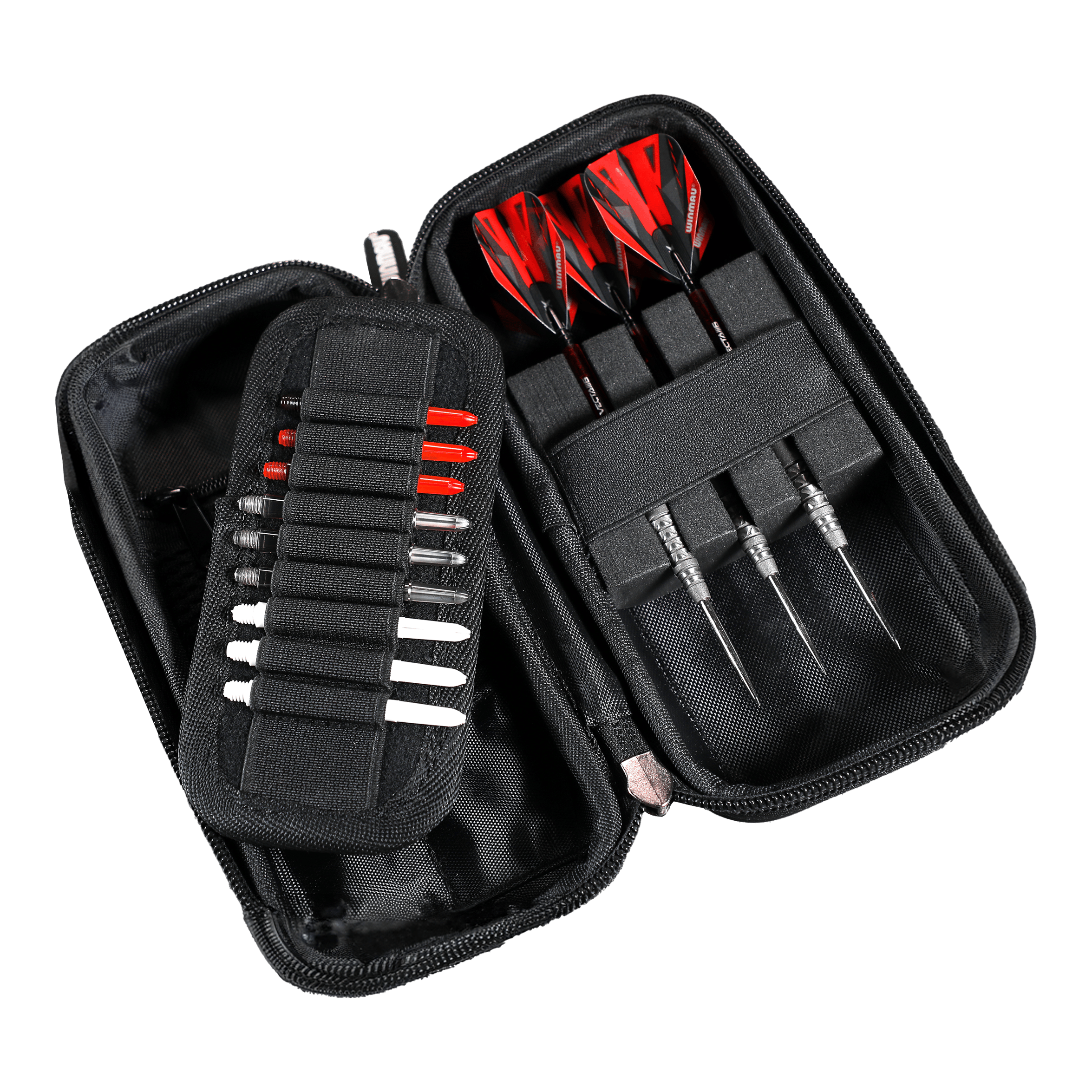 Winmau Armor G1 Dart-portemonnee In diesem Bild ist ein offenes Dart-Etui zu sehen. Es enthält drei zusammengebaute Darts und mehrere Ersatzteile wie Spitzen und Flights.
