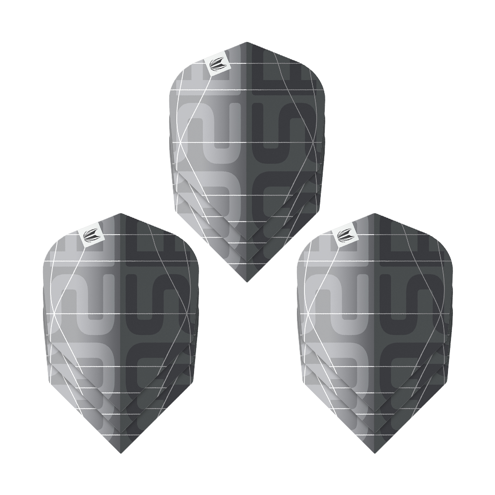 Target Pro Ultra Aspinall X Echo No6 Vluchten - 3 Sets Das Bild zeigt drei Sätze der Target Pro Ultra Aspinall X Echo No6 Flights. Die Flights sind in einem modernen Schwarz-Grau-Design mit geometrischem Muster gehalten.