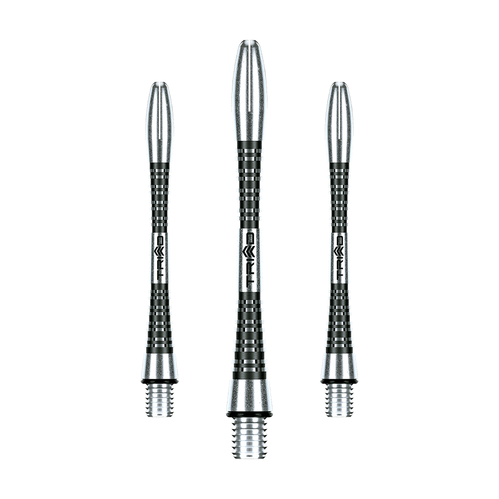 7013-201_Winmau_Triad_Aluminium_Shafts_Schwarz_46mm_1 Auf dem Bild sind drei silber-schwarze Aluminiumschäfte für Darts zu sehen. Sie sind länglich und besitzen ein geriffeltes Muster für besseren Halt.