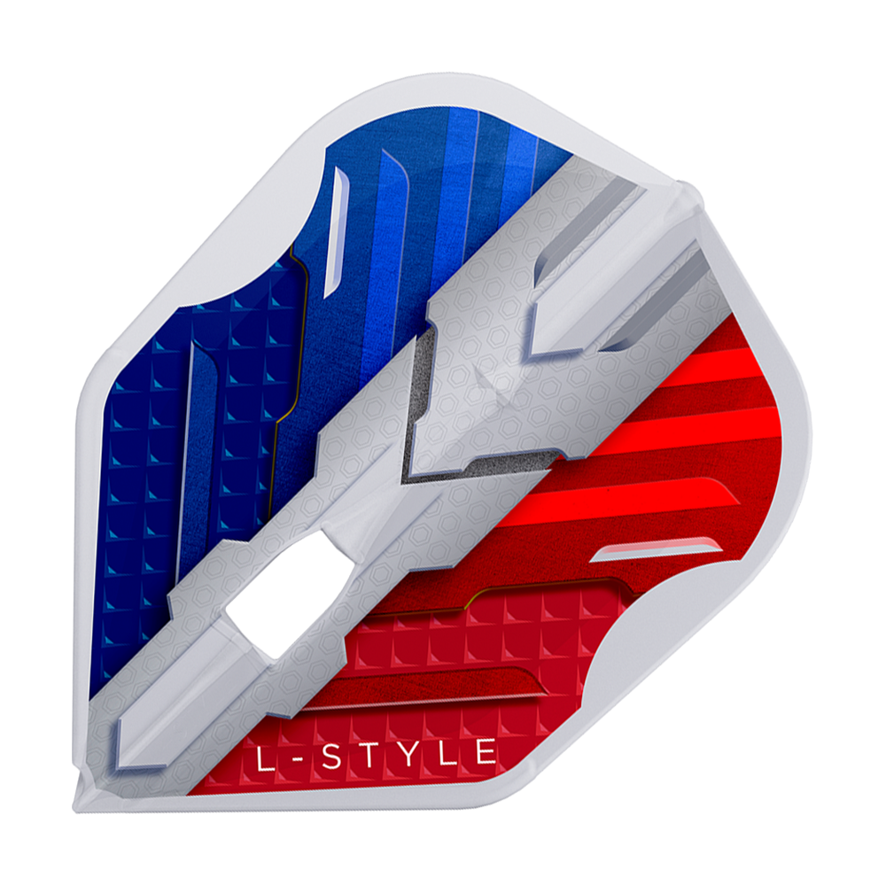 L-Style V-Serie V1 Type B Frankrijk Helder Wit L3PRO Vluchten Das Bild zeigt das Produkt "L-Style V-Series V1 Type B France Clear White L3PRO Flights". Die Dart-Flight ist in den Farben Blau, Weiß und Rot gestaltet und trägt die Aufschrift "L-STYLE".