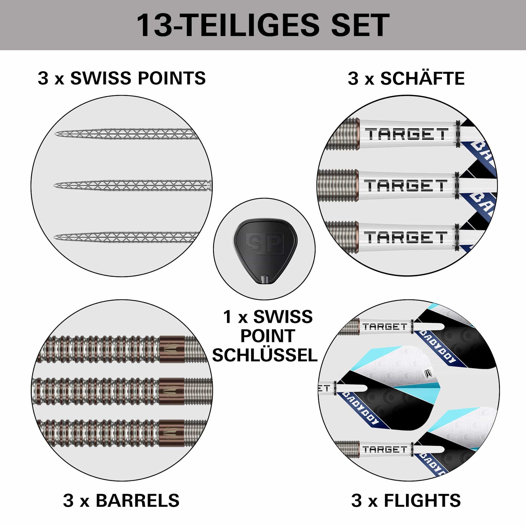 Target Adam Lipscombe Swiss Points stalen dartpijlen - 25 g Das Bild zeigt die Target Adam Lipscombe Swiss Points Steeldarts. Sie sind moderne Steeldarts mit Swiss Points System.