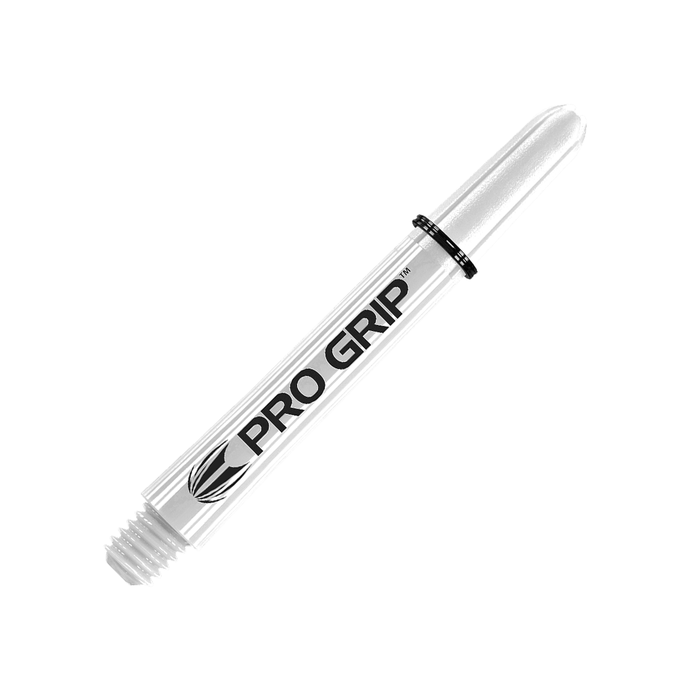 Target Pro Grip Shafts - 3 sets - Wit Das Bild zeigt einen weißen Pro Grip Schaft für Dartpfeile. Auf dem Schaft steht gut sichtbar der Schriftzug "PRO GRIP".