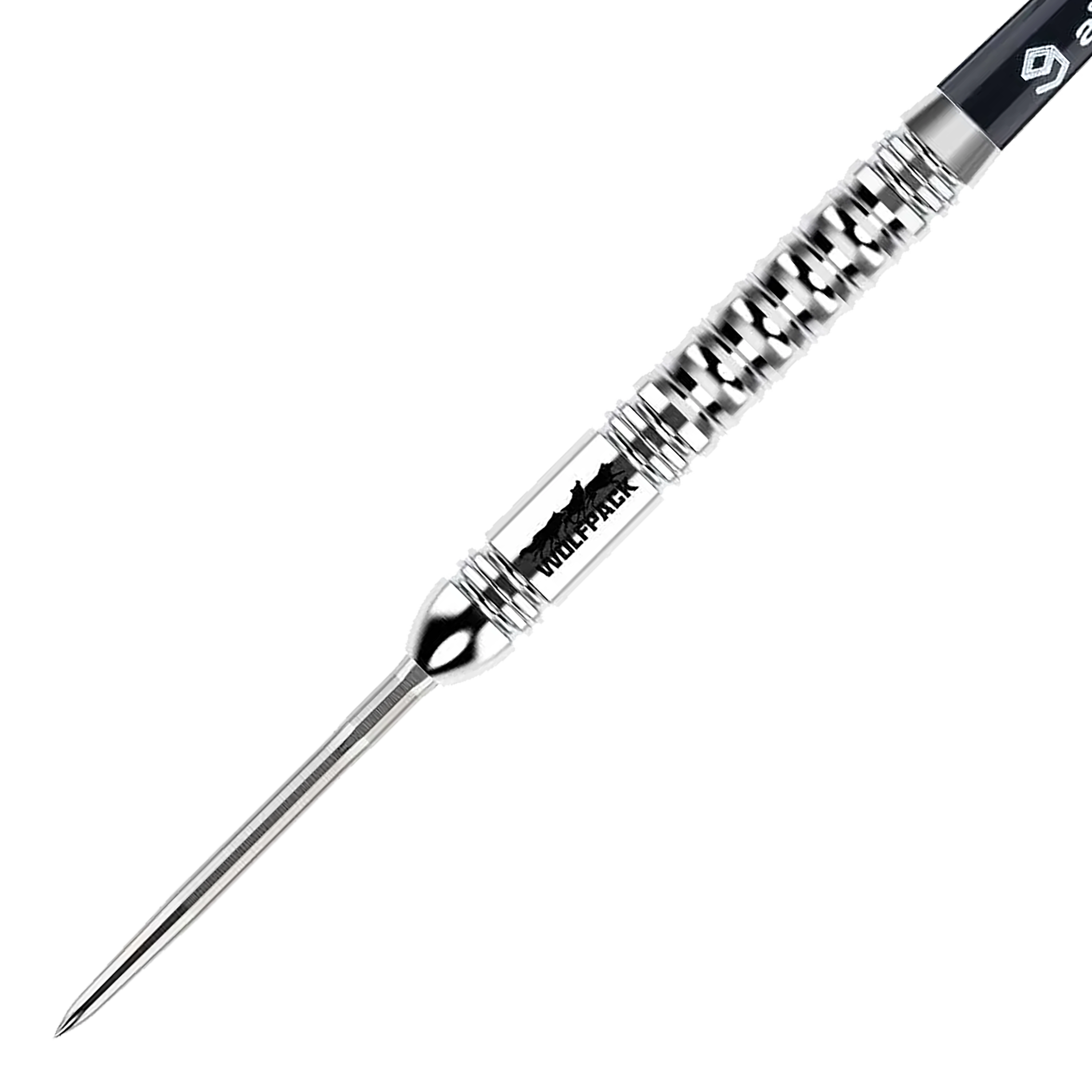 Caliburn Wolfpack W1 stalen darts - 23g Das Bild zeigt einen Caliburn Wolfpack W1 Steeldart mit einem Gewicht von 23,5g. Der Dart hat ein silbernes, geriffeltes Design und ist mit dem Schriftzug "WOLFPACK" versehen.