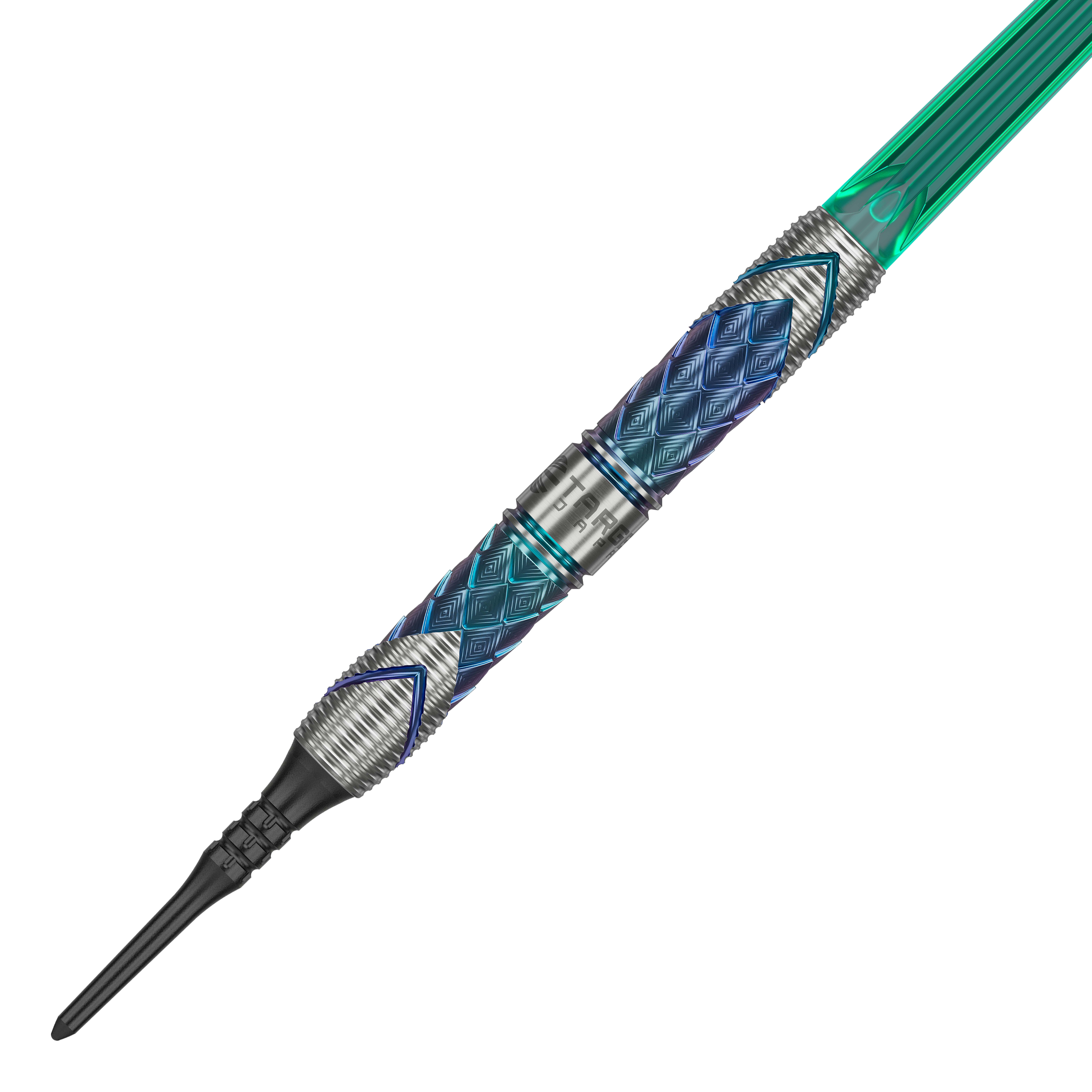Target Japan Kaze Series Ceros 03 Soft Darts - 19g Das Bild zeigt einen Softdart der Marke Target Japan aus der Kaze Series, Modell Ceros 03 mit 19g Gewicht. Der Dartpfeil hat ein auffälliges, diamantförmiges Muster in Blau und Silber sowie einen grünen Schaft.