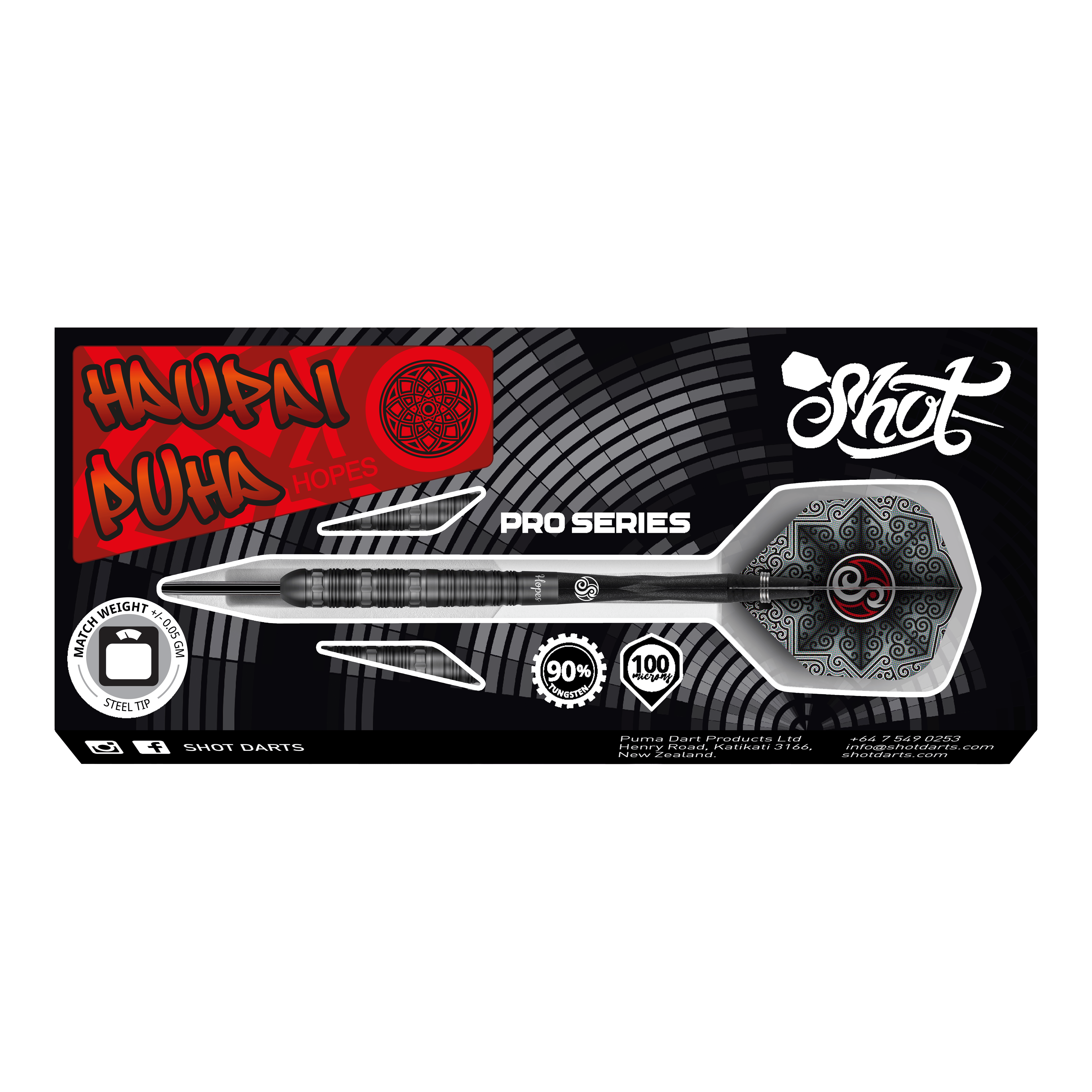 Shot Pro-Series Haupai Puha 2 stalen darts - 24g Das Bild zeigt die Verpackung der Shot Pro-Series Haupai Puha 2 Steeldarts mit 24g Gewicht. Die Verpackung ist schwarz mit auffälligen roten und weißen Designelementen sowie einem großen Bild eines Steeldarts.
